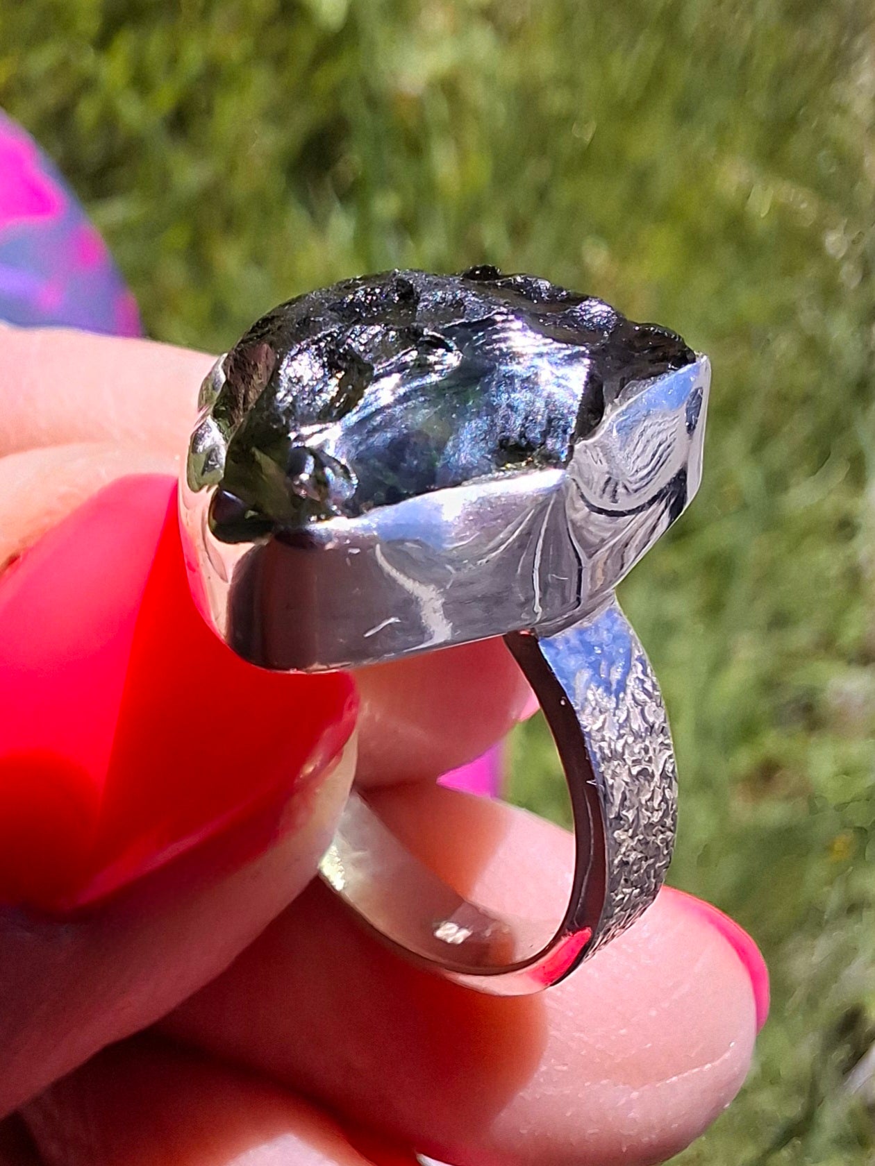 Moldavite Ring, size K, 925 Silver, Tektite (Ref: R301)