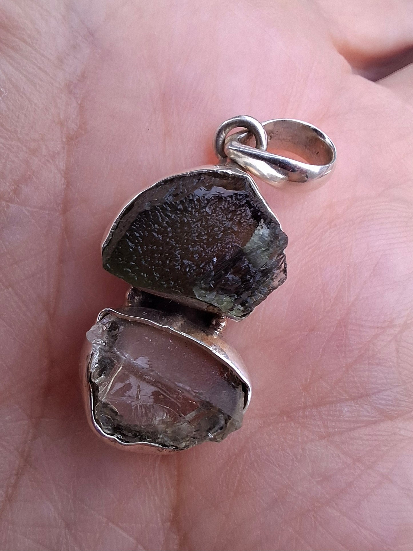 Moldavite & Libyan Desert Glass Pendant, 925 Silver, Tektite (Ref: MLP17)
