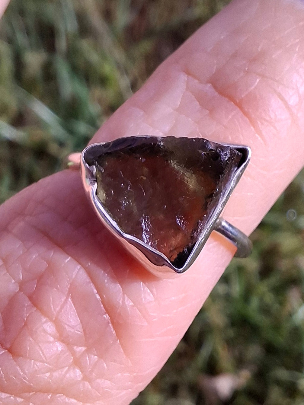Moldavite Ring, size large J, 925 Silver, Tektite (Ref: R20)
