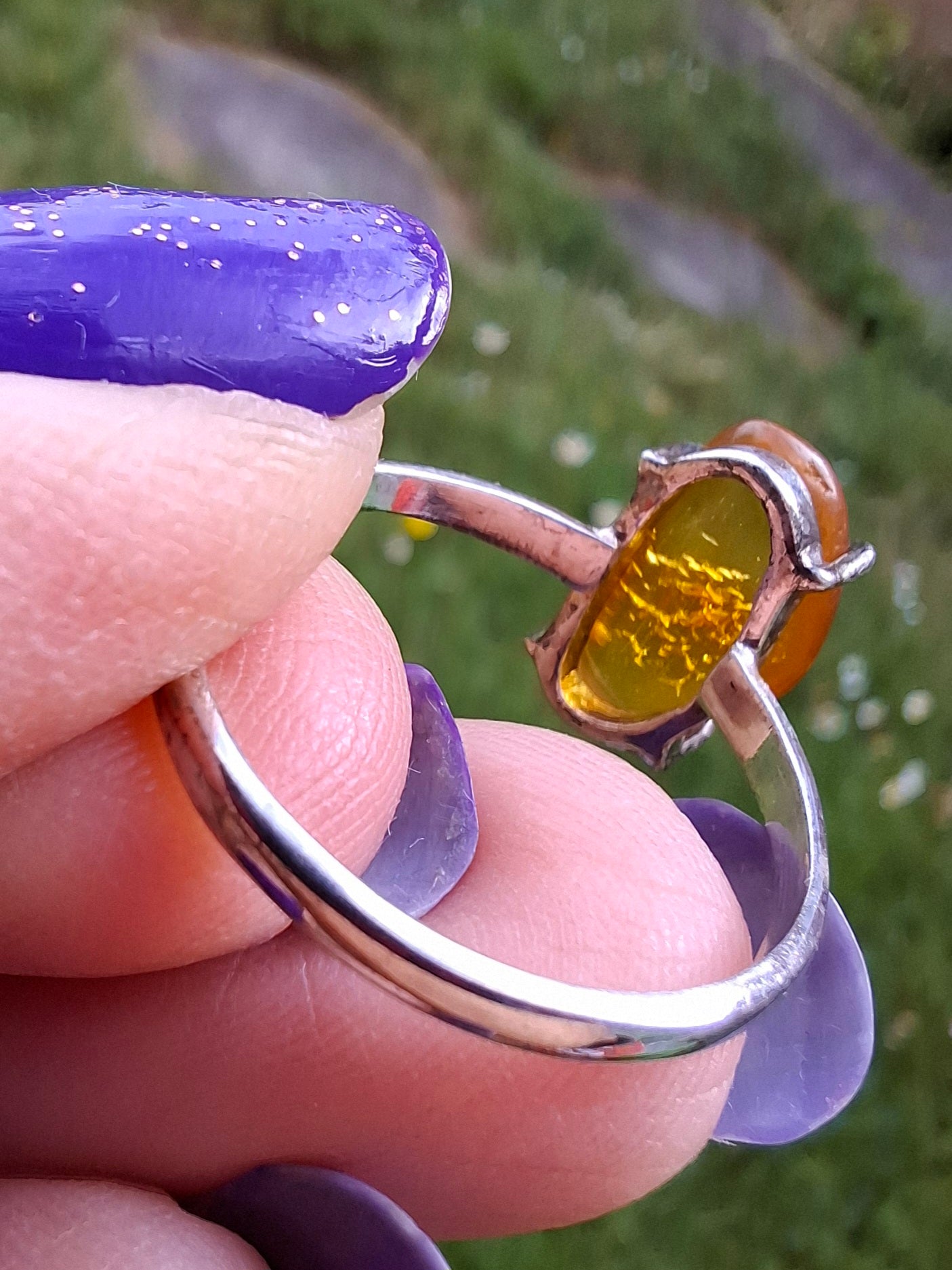 Baltic Amber Ring, size large T, 925 Silver, Fossil (Ref: AR18)