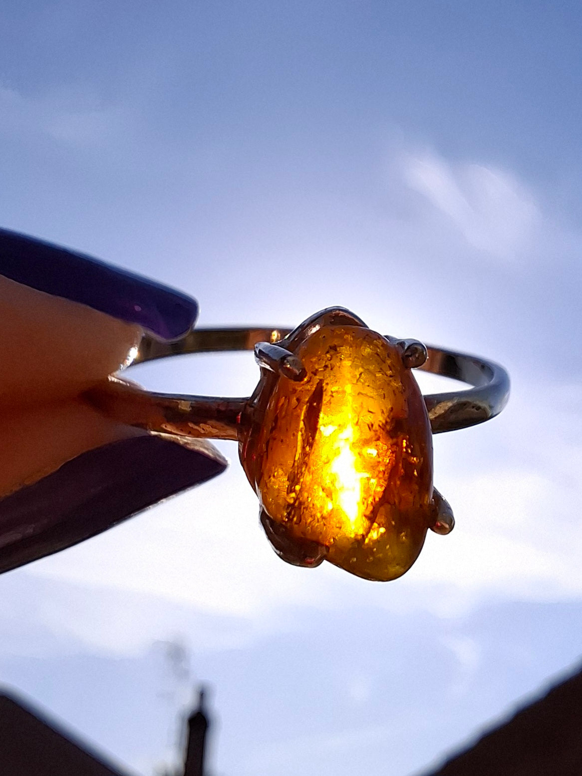Baltic Amber Ring, size large W, 925 Silver, Fossil (Ref: AR29)
