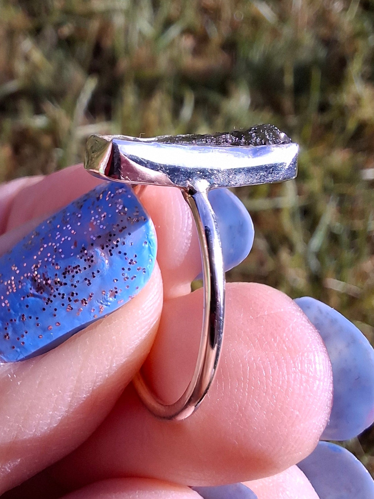 Moldavite Ring, size large M, 925 Silver, Tektite (Ref: R24)