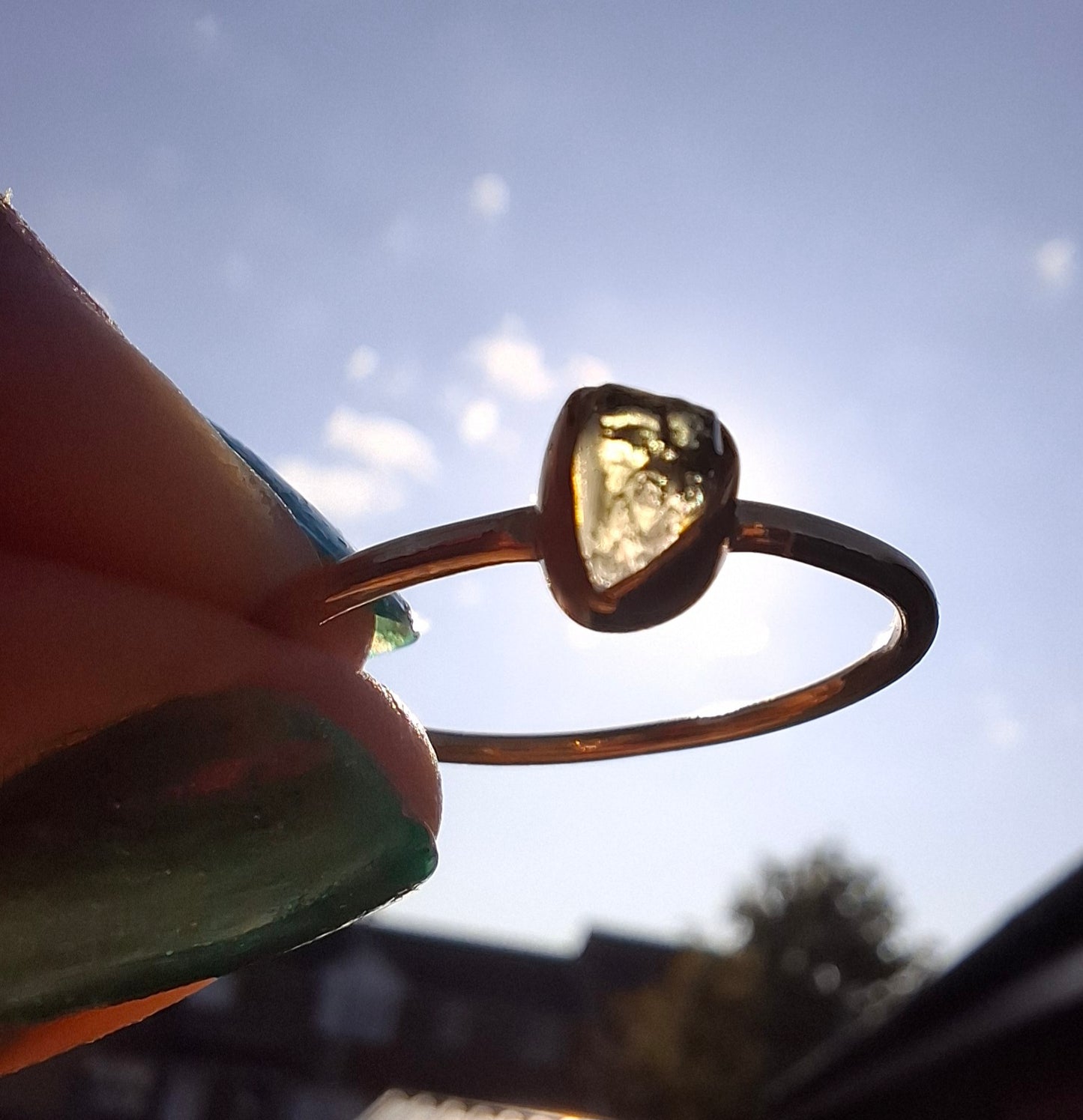 Moldavite Ring, 14K GOLD Plated, size large S / small T, Tektite (Ref: R352)