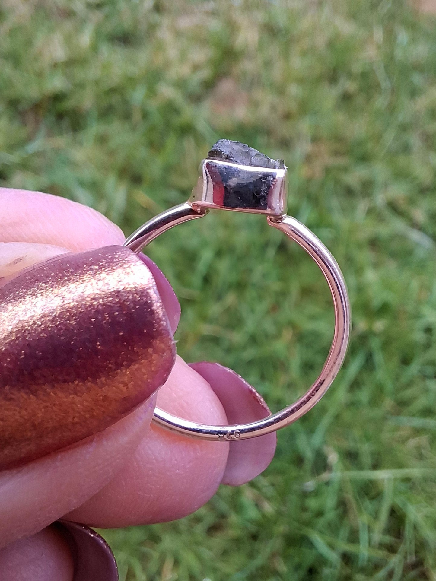 Moldavite Ring, Size small L, 925 Silver, Tektite (Ref: R34)