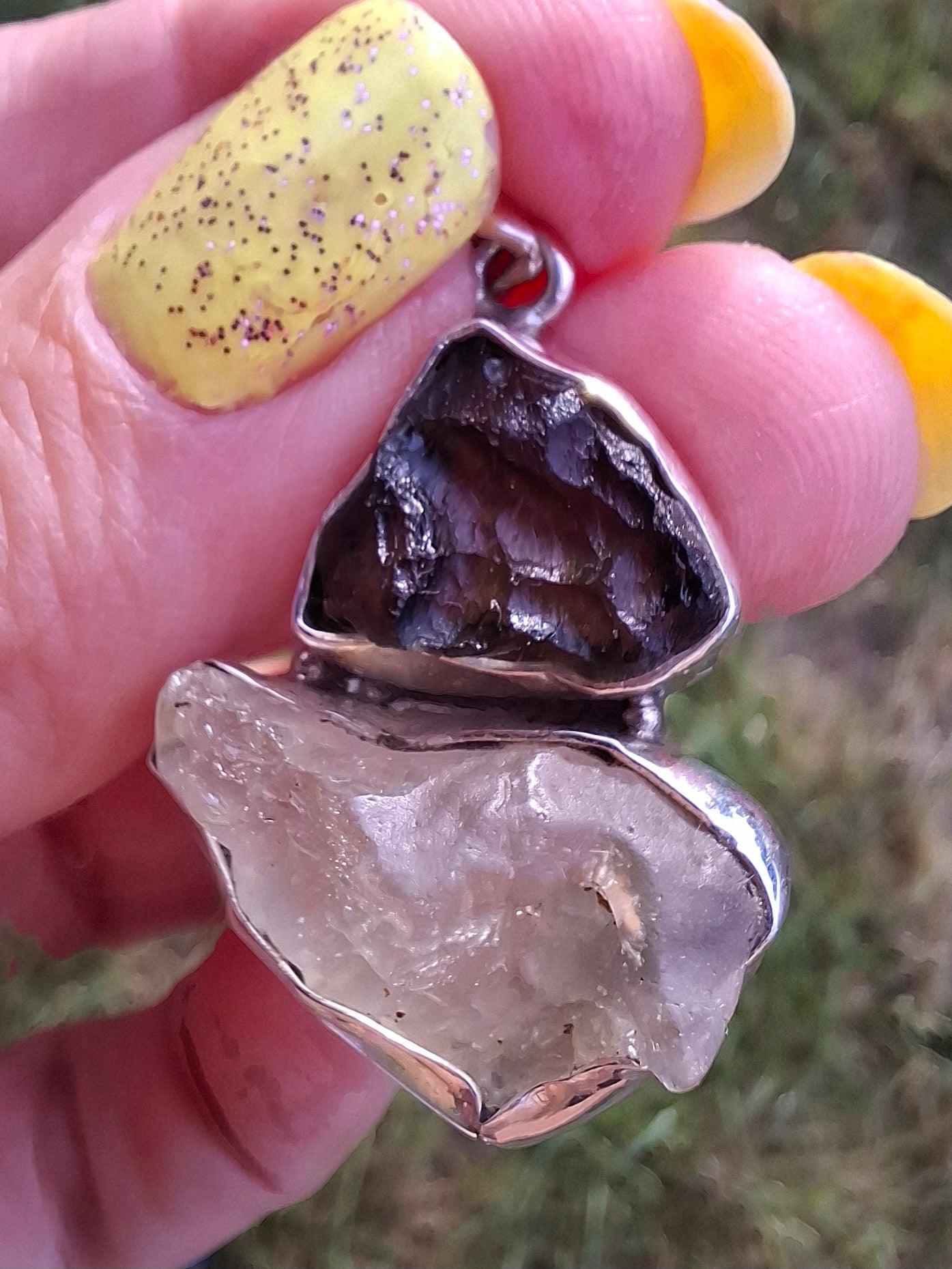 Moldavite & Libyan Desert Glass Pendant, 925 Silver, Tektite (Ref: MLP18)