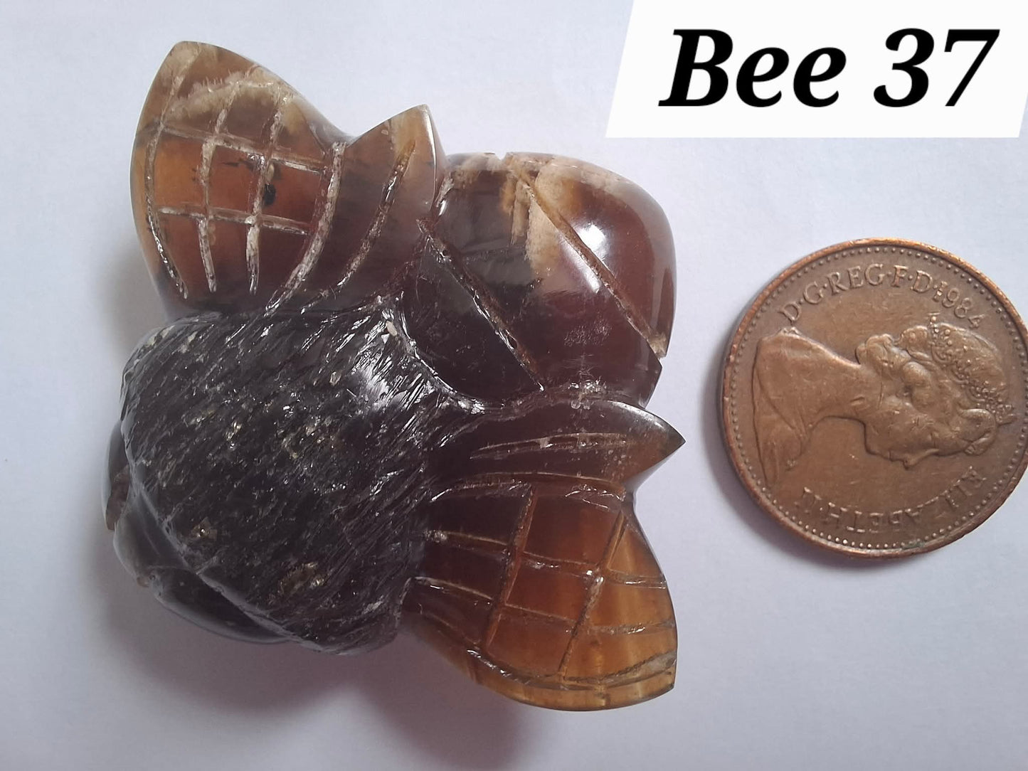 Red Amber Honey Bee Carving, 7.47g, Fossil (Ref: Bee37)