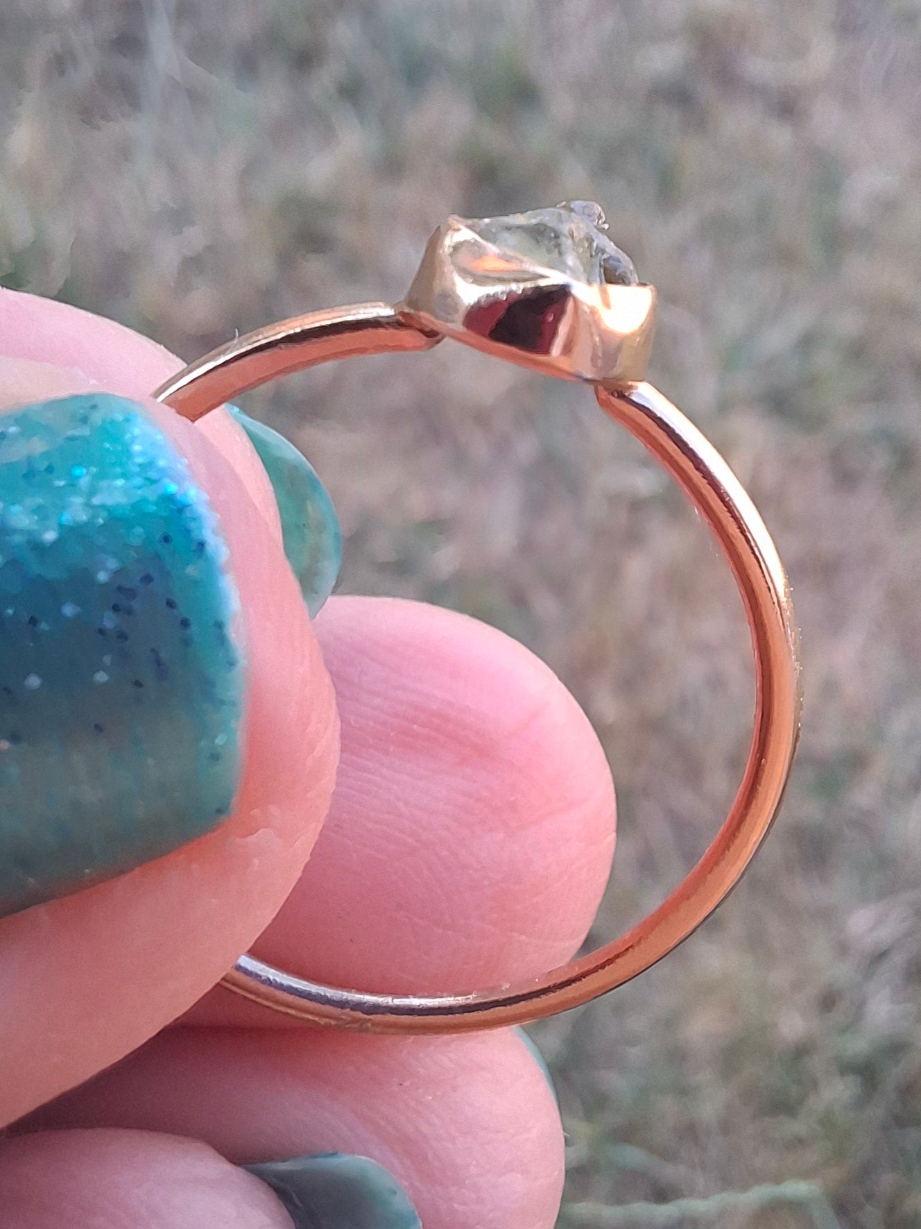 Moldavite Ring, 14K GOLD Plated, size large T, Tektite (Ref: R347)