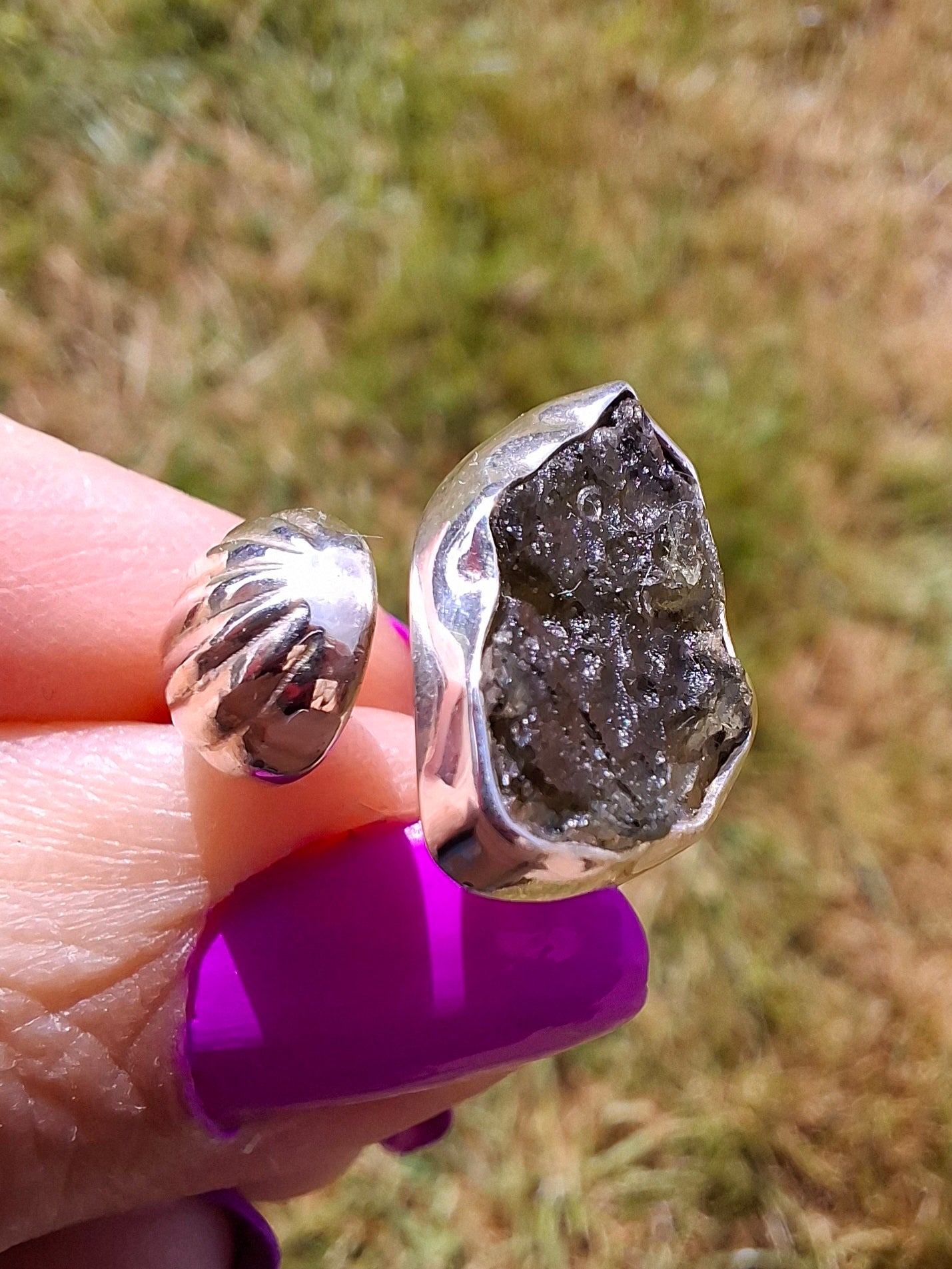 Moldavite ADJUSTABLE Ring, size large O, 925 Silver, Tektite (Ref: AR44)