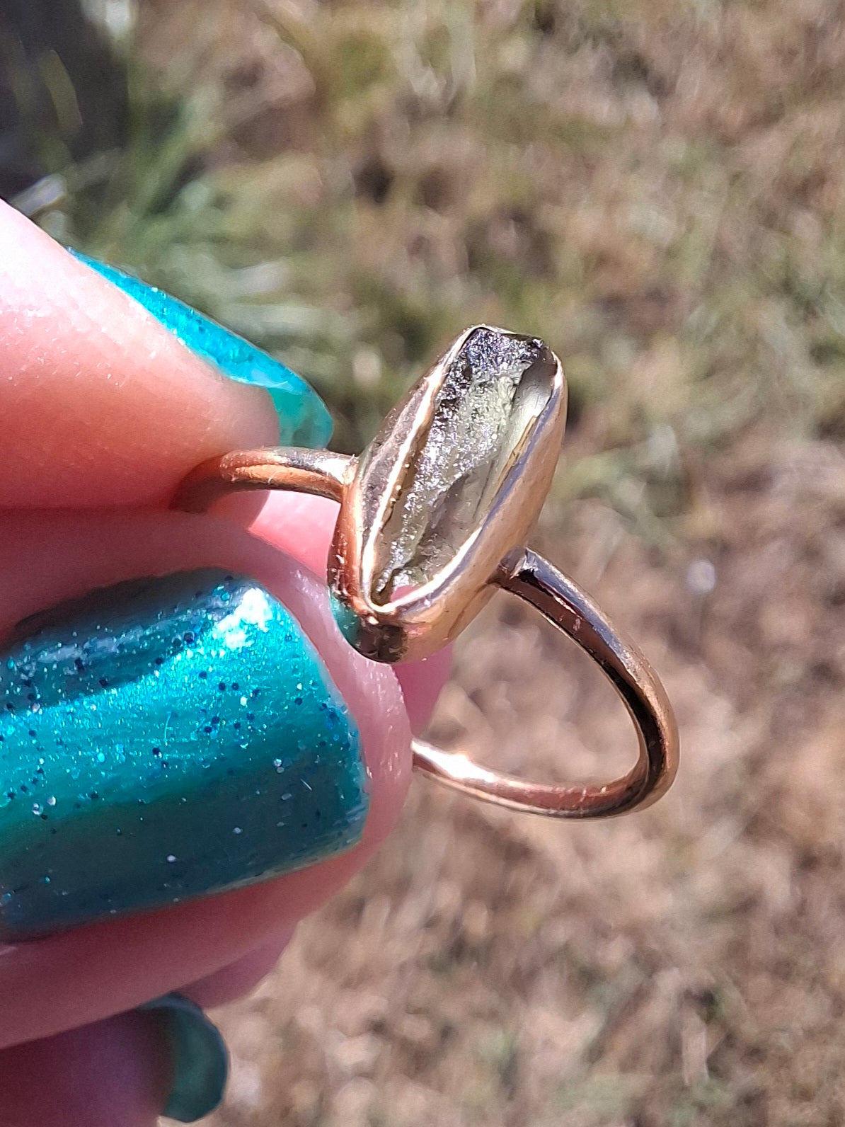 Moldavite Ring, 14K GOLD Plated, size large K / small L, Tektite (Ref: R335)