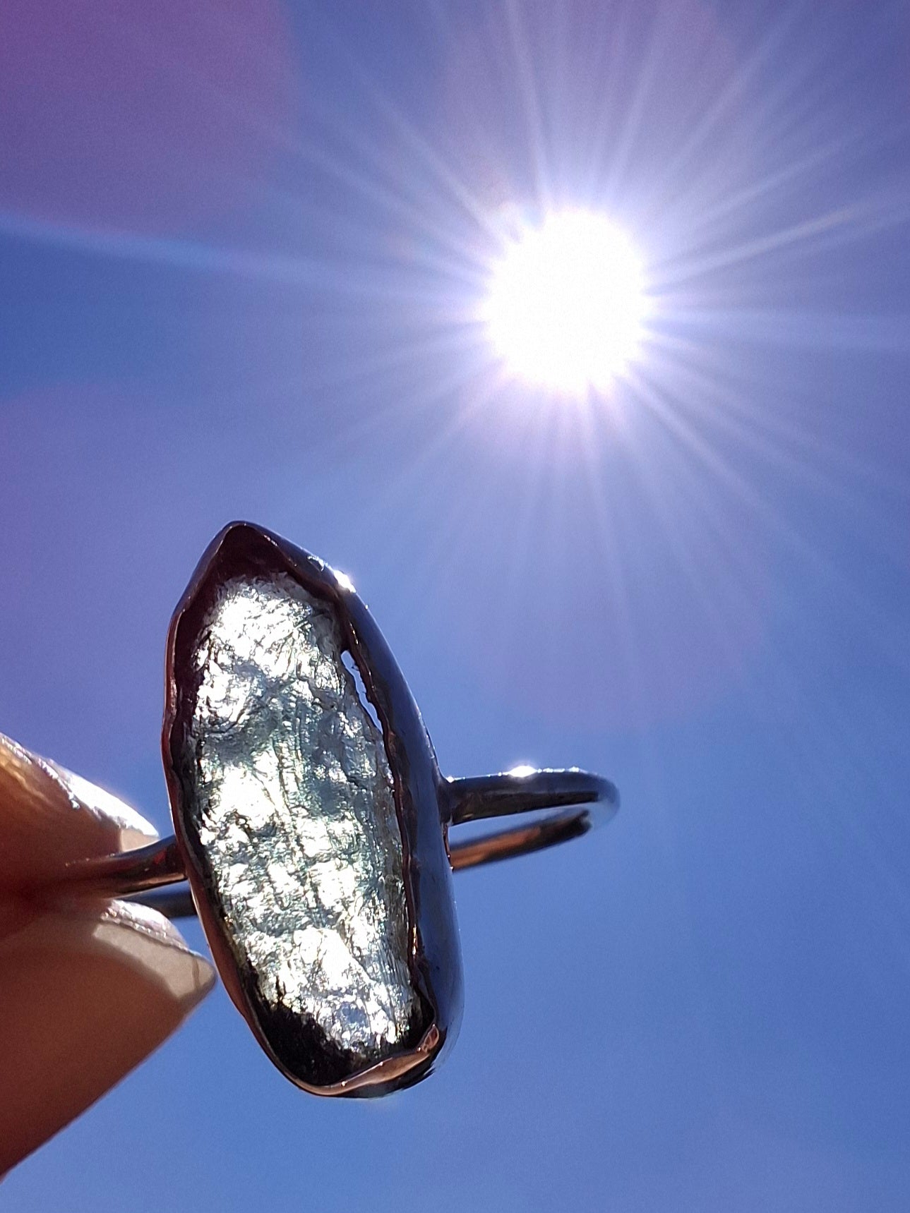 Moldavite Ring, size large R, 925 Silver, Tektite (Ref: R27)