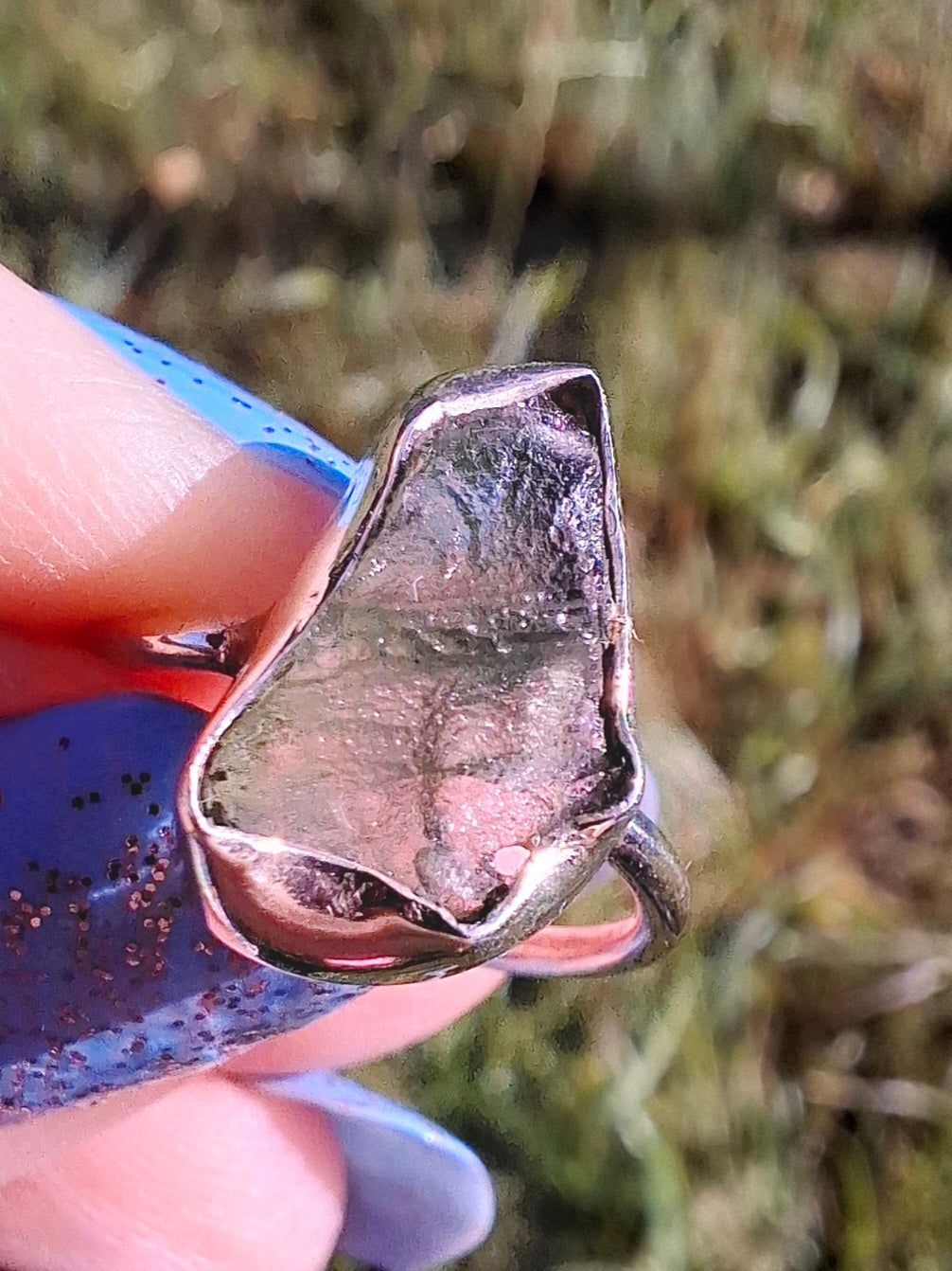 Moldavite Ring, size large G/small H, 925 Silver, Tektite (Ref: R19)