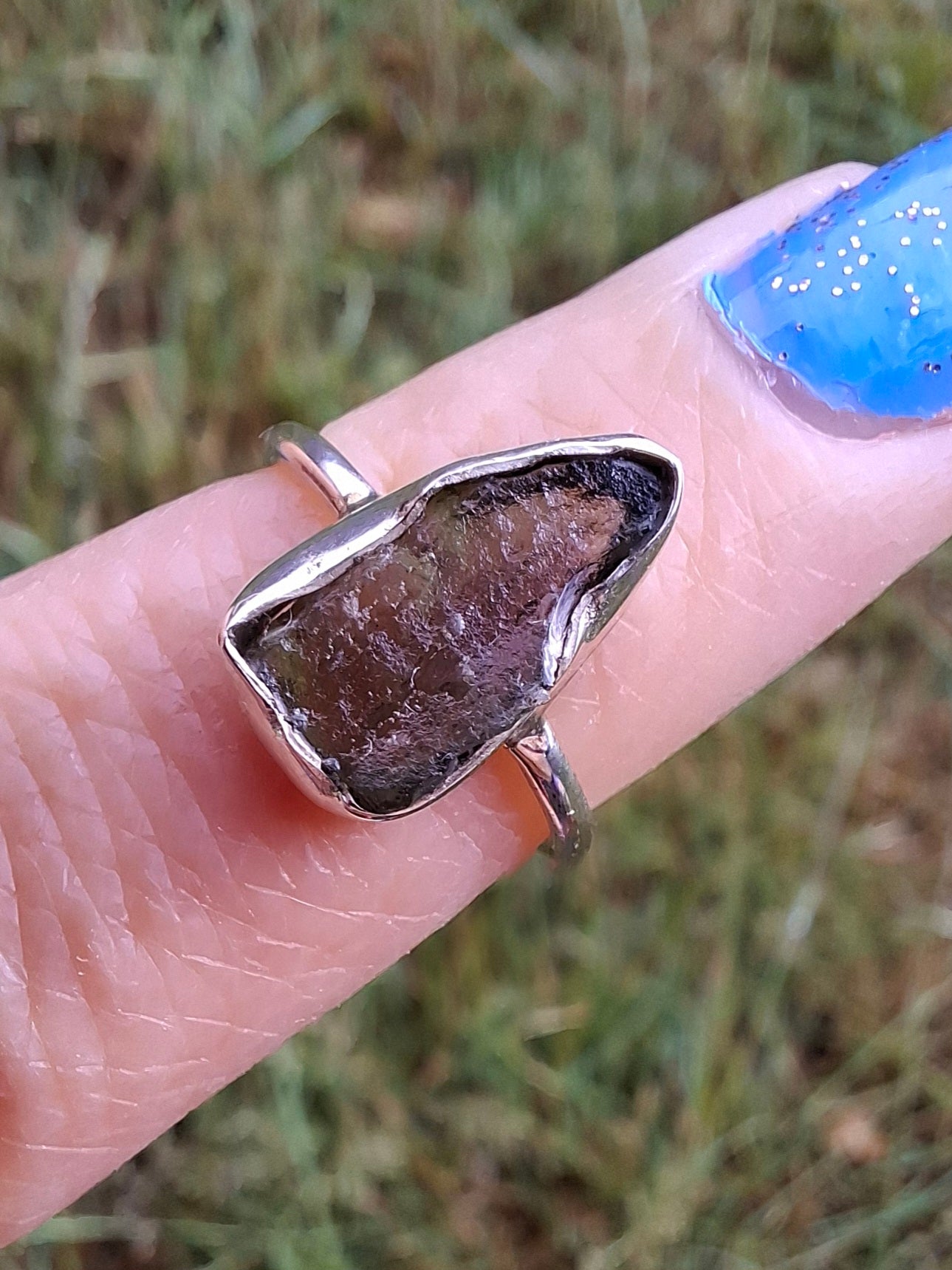 Moldavite Ring, size Large G, 925 Silver, Tektite (Ref: R18)
