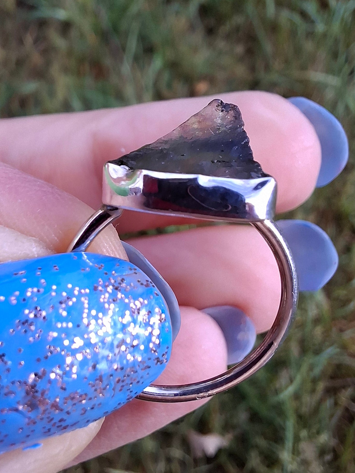 Moldavite Ring, size large J, 925 Silver, Tektite (Ref: R20)