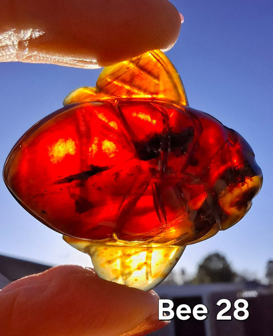 Red Amber Honey Bee Carving, 9.63g, Fossil (Ref: Bee28)
