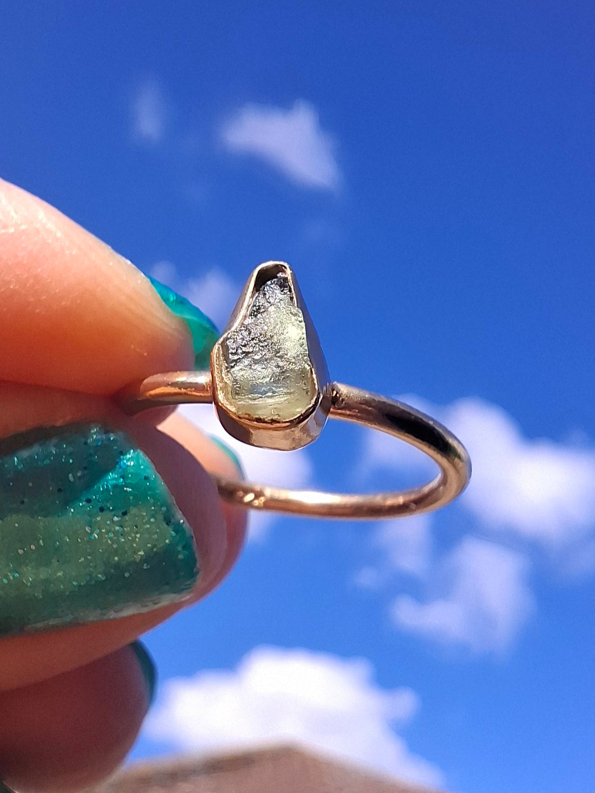 Moldavite Ring, 14K GOLD Plated, size large J, Tektite (Ref: R338)