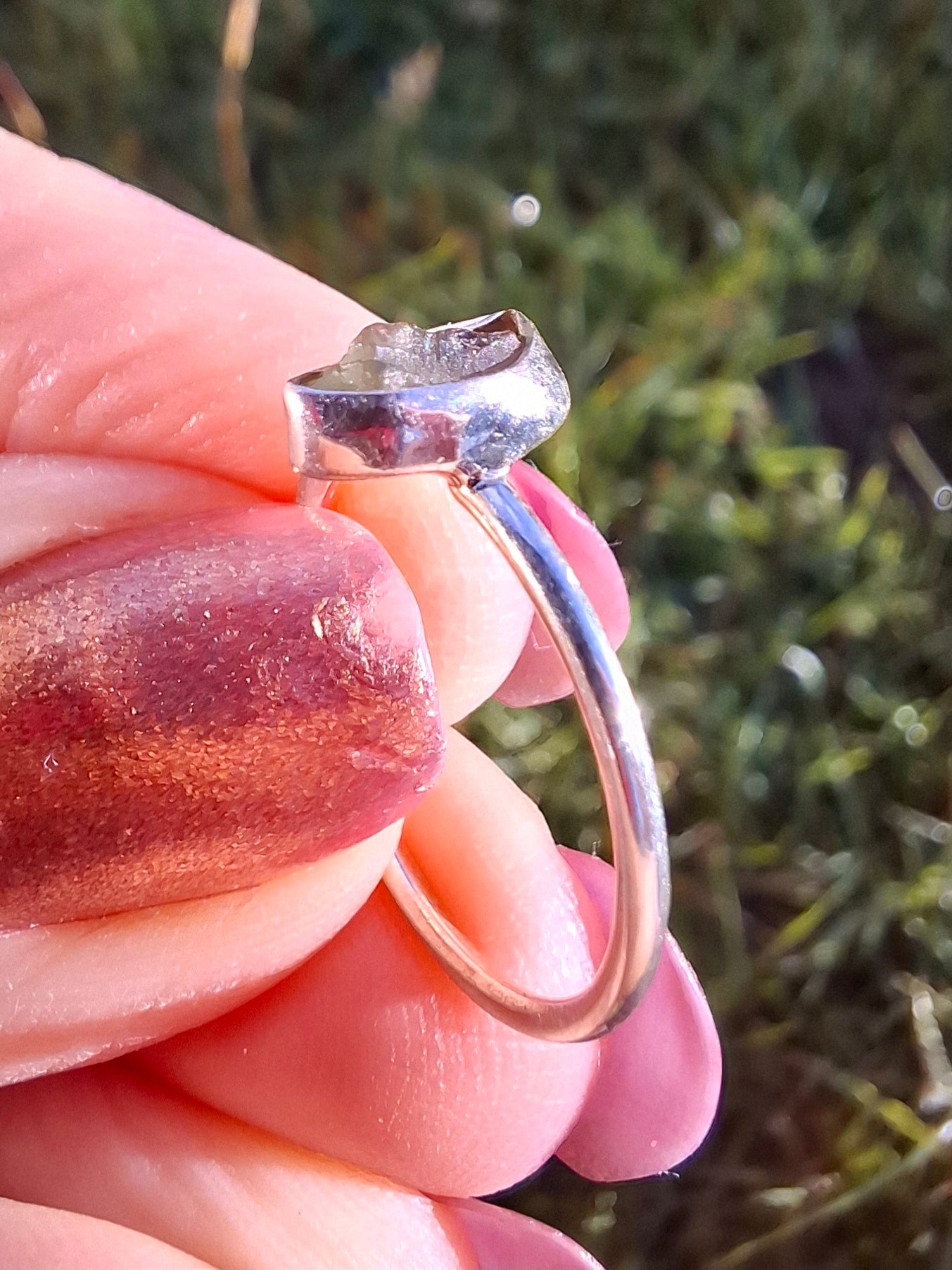 Moldavite Ring, size small L, 925 Silver, Tektite (Ref: R35)