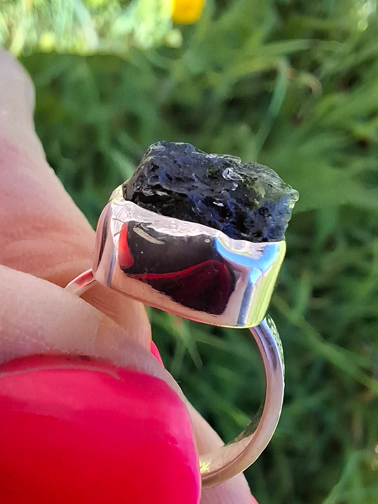 Moldavite Ring, size large G/small H, 925 Silver, Tektite (Ref: R293)