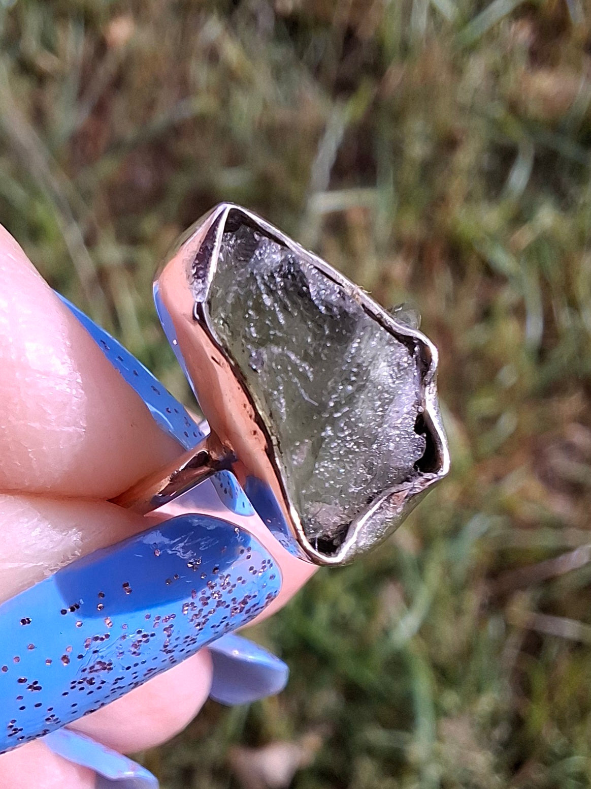 Moldavite Ring, size large G/small H, 925 Silver, Tektite (Ref: R19)