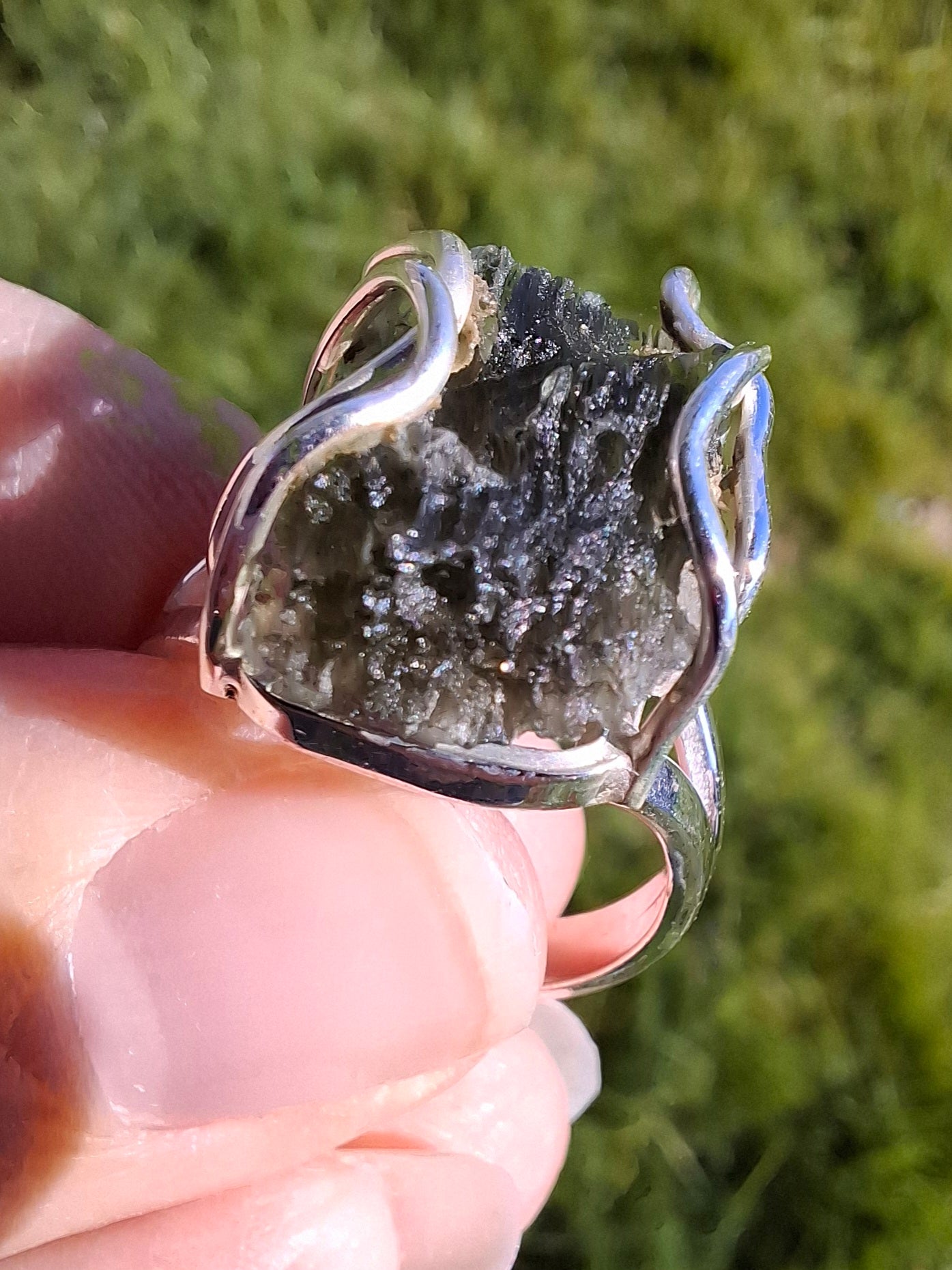Moldavite Ring, size Q, 925 Silver, Tektite (Ref: R10)
