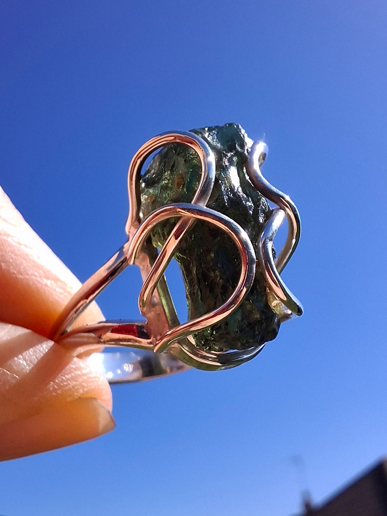 Moldavite Ring, size O, 925 Silver, Tektite (Ref: R9)