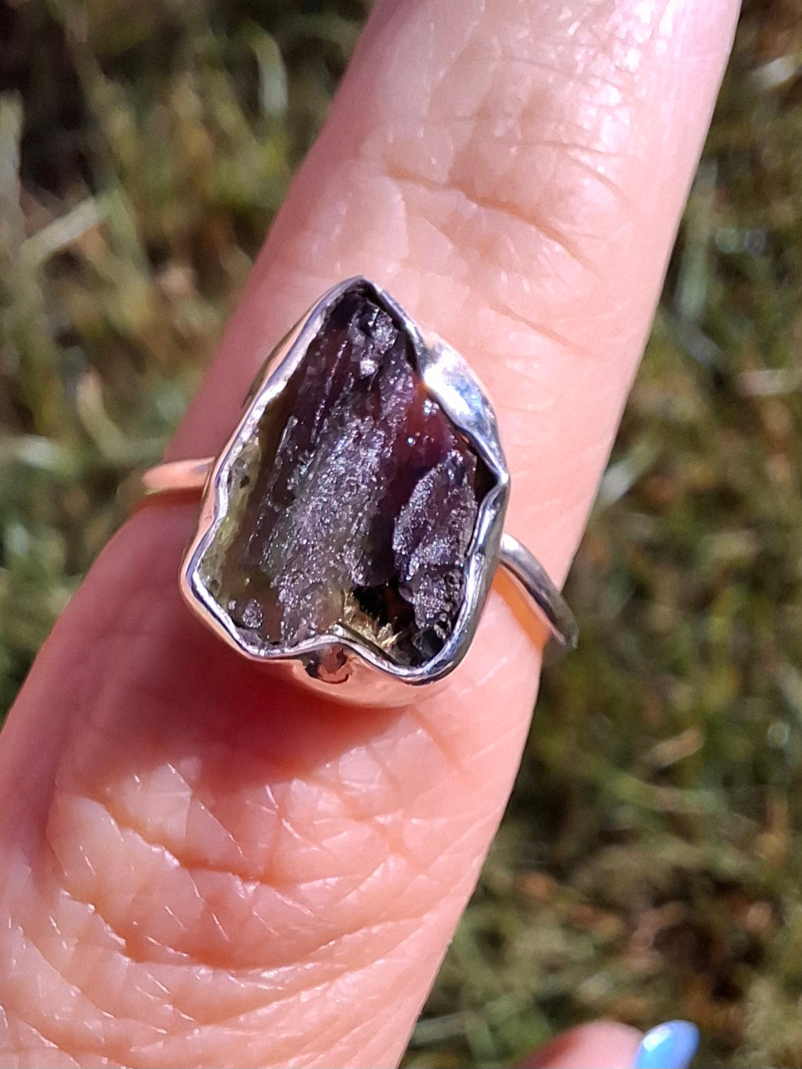 Moldavite Ring, size large N, 925 Silver, Tektite (Ref: R25)