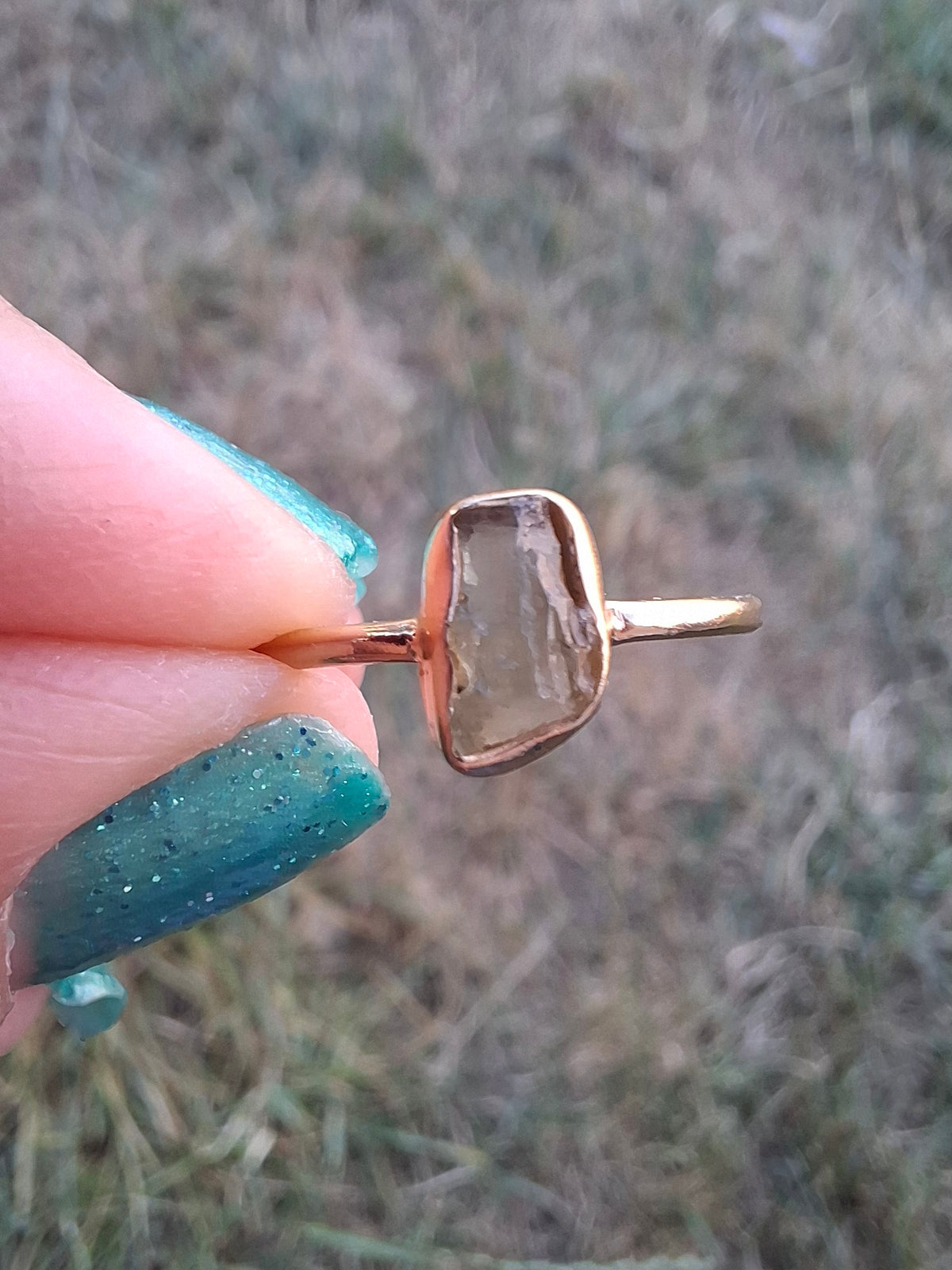 Moldavite Ring, 14K GOLD Plated, size large M, Tektite (Ref: R341)