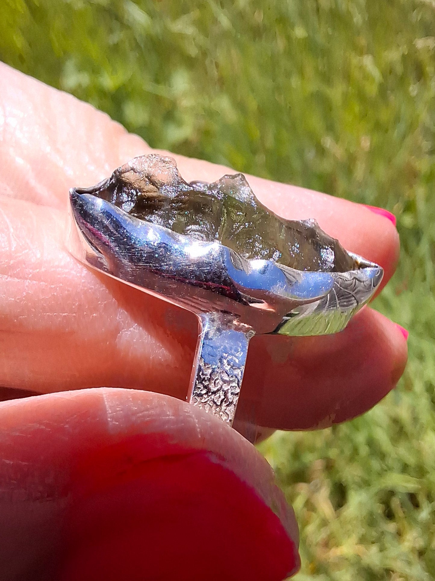 Moldavite Ring, size small U, 925 silver, Tektite (Ref: R321)