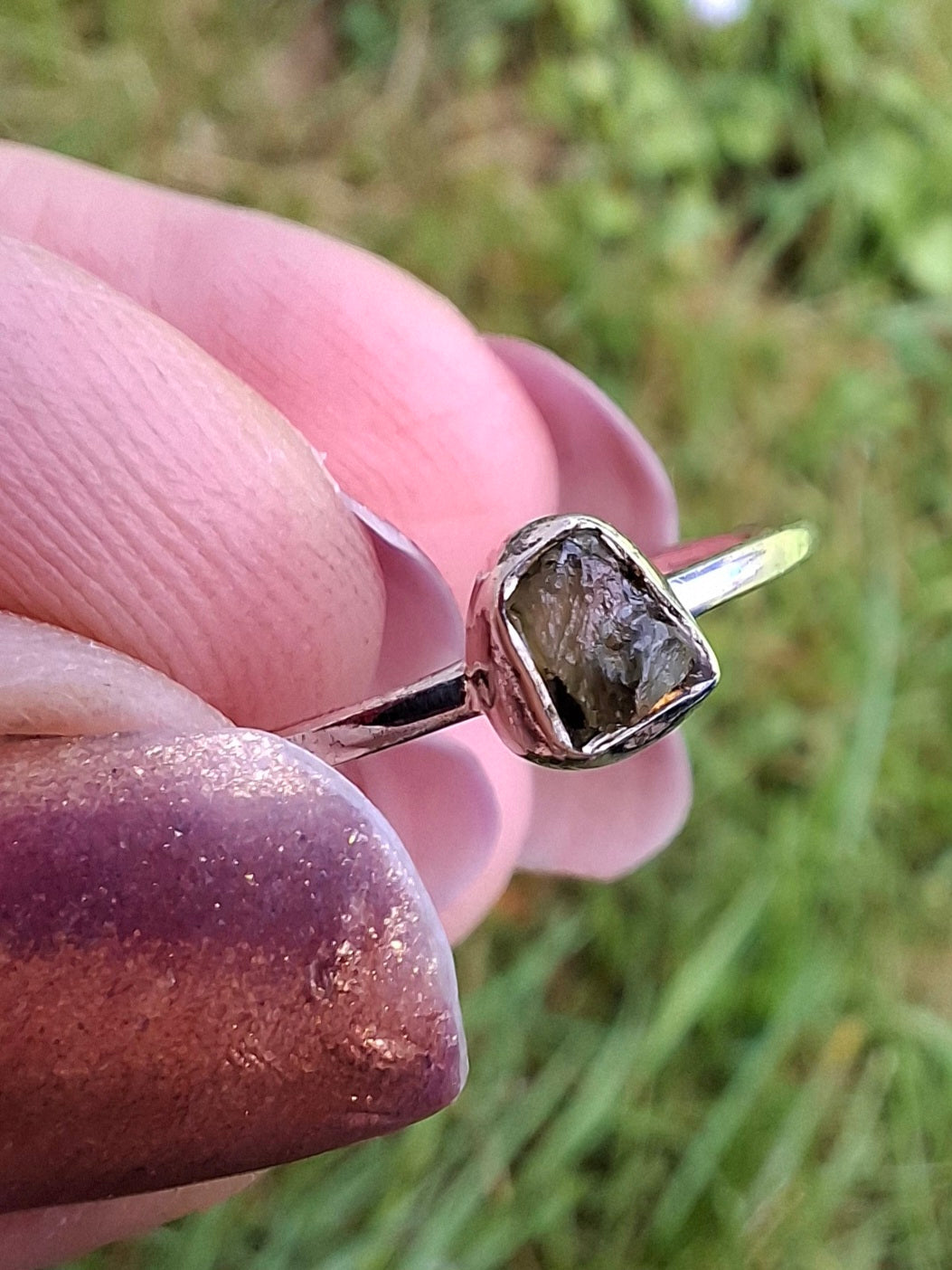 Moldavite Ring, size large O/small P, 925 Silver, Tektite (Ref: R41)