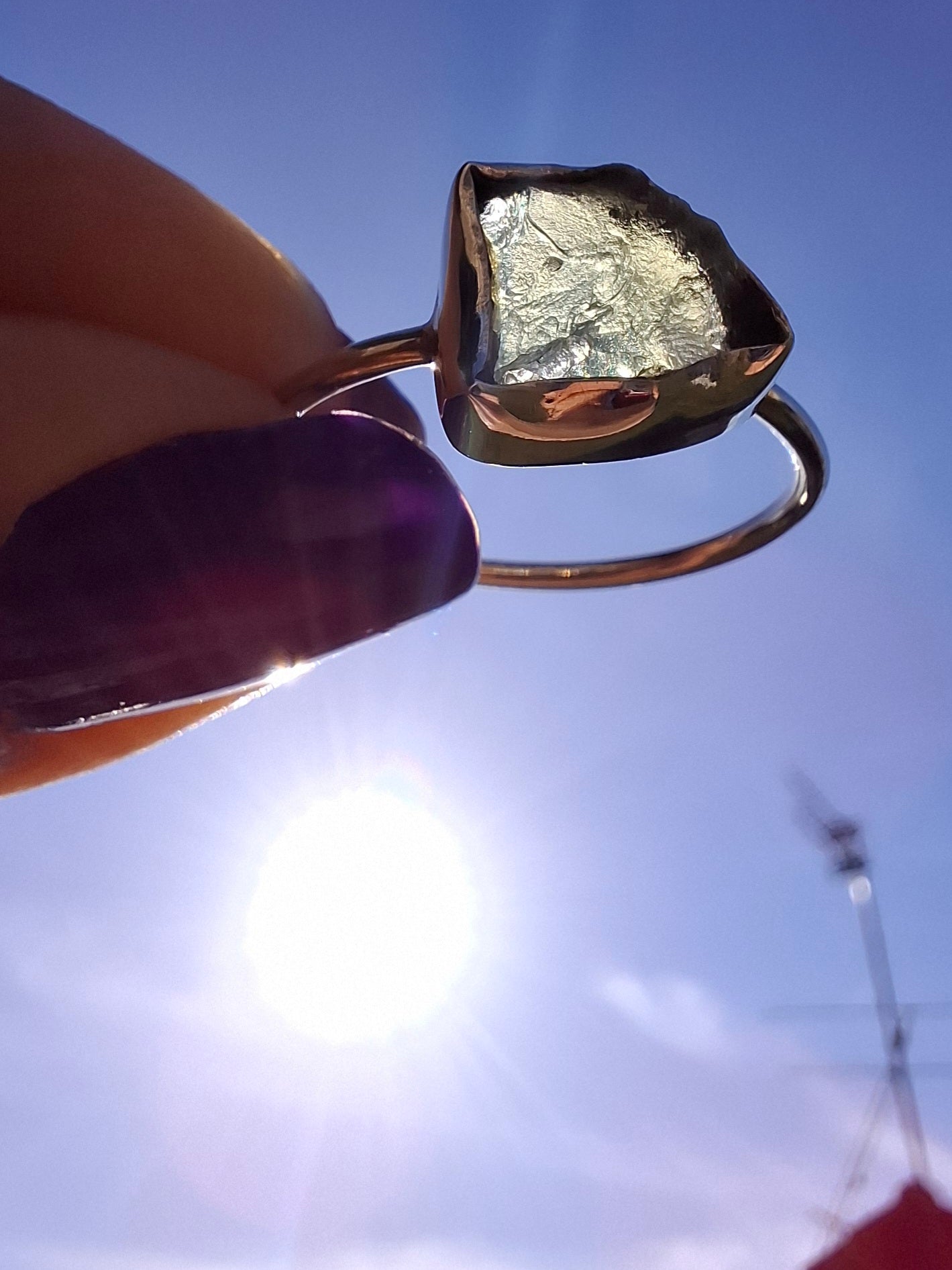 Moldavite Ring, size large T, 925 Silver, Tektite (Ref: R28)