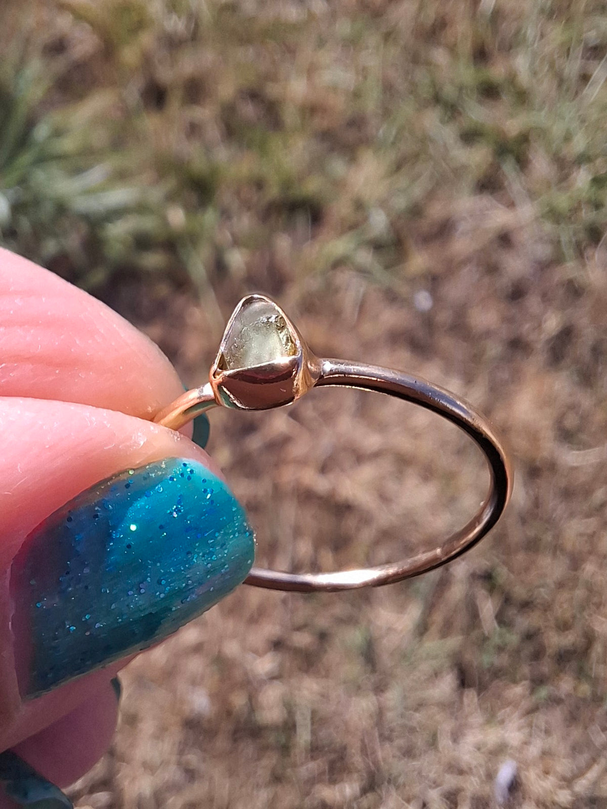 Moldavite Ring, 14K GOLD Plated, size large T, Tektite (Ref: R349)