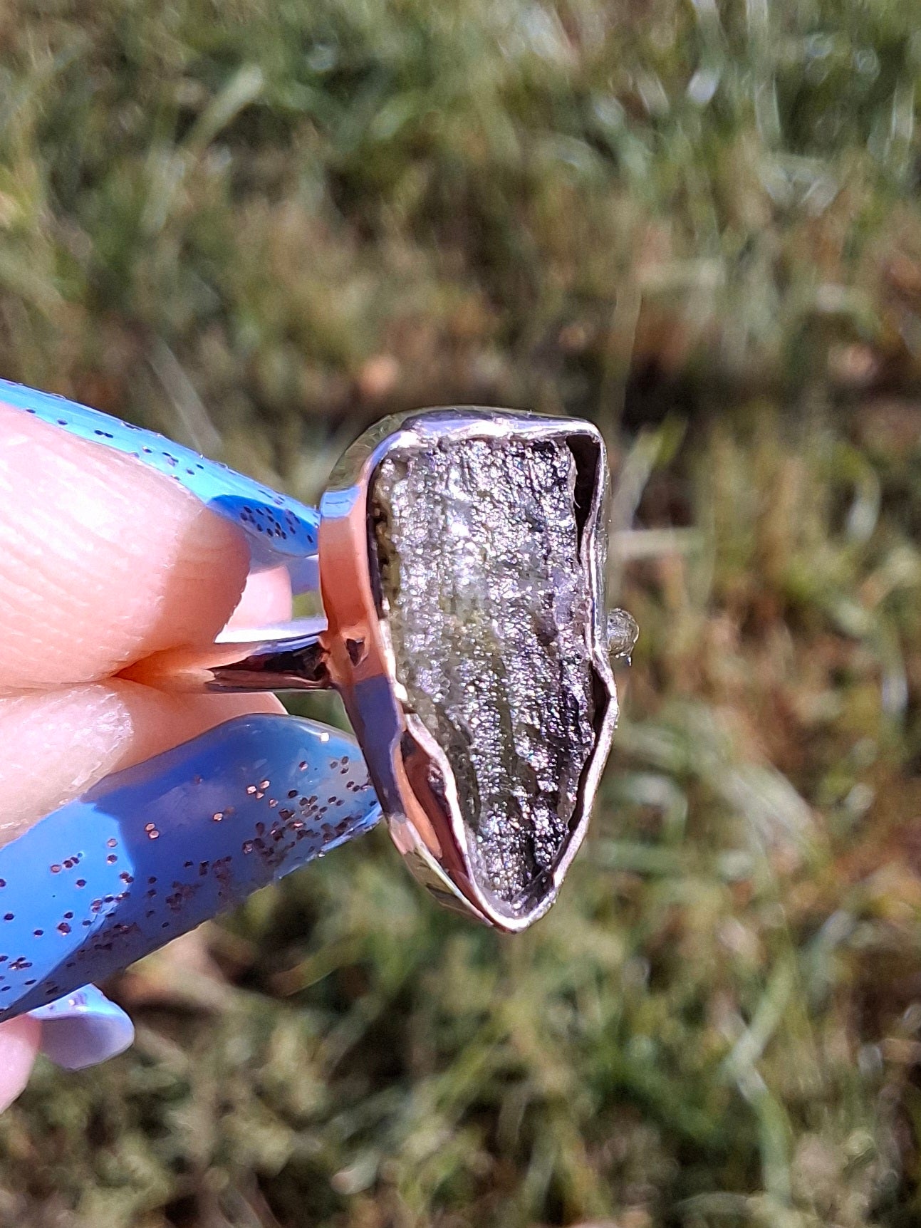 Moldavite Ring, size Large G, 925 Silver, Tektite (Ref: R18)