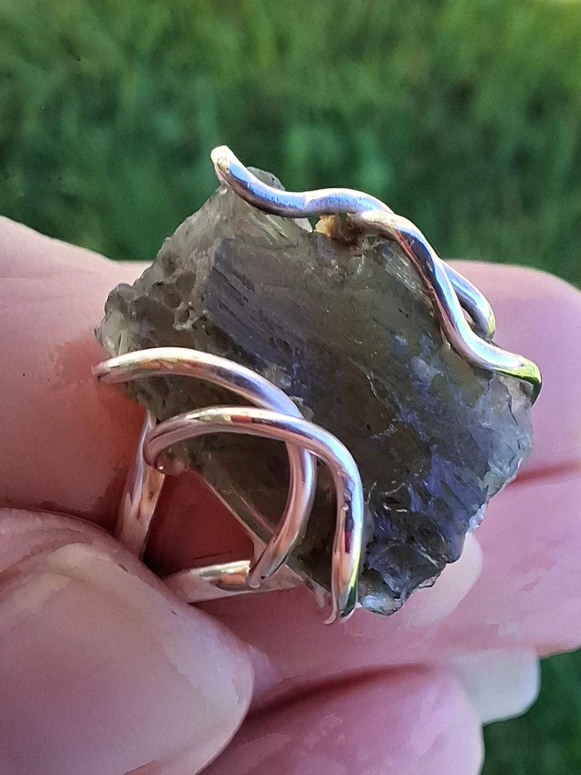 Moldavite Ring, size Q, 925 Silver, Tektite (Ref: R10)