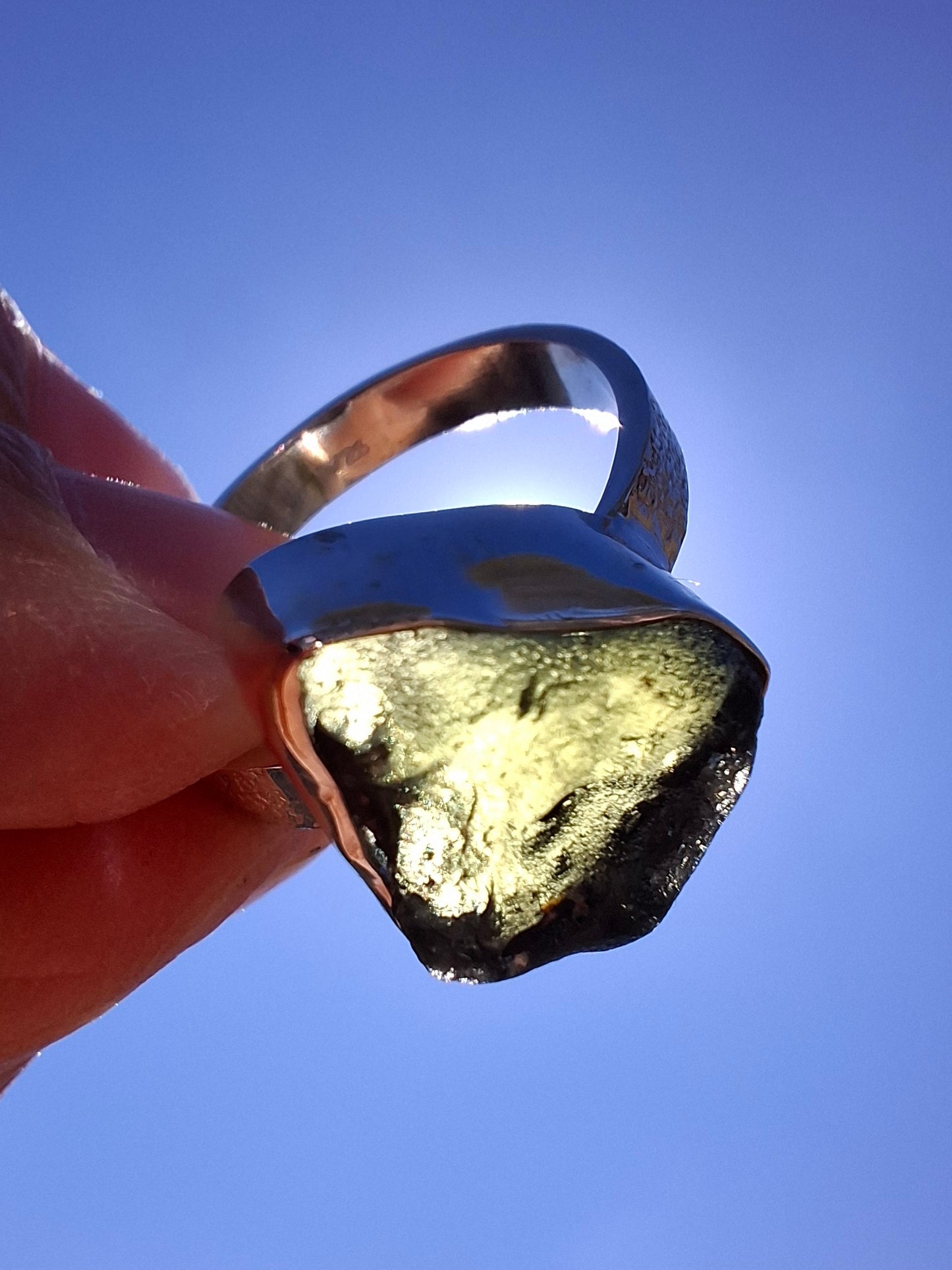 Moldavite Ring, size R, 925 Silver, Tektite (Ref: R317)