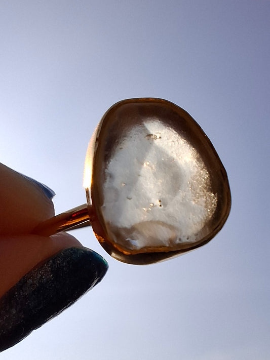 Libyan Desert Glass Ring, 14K GOLD Plated, size large Q, Tektite (Ref: LR80)