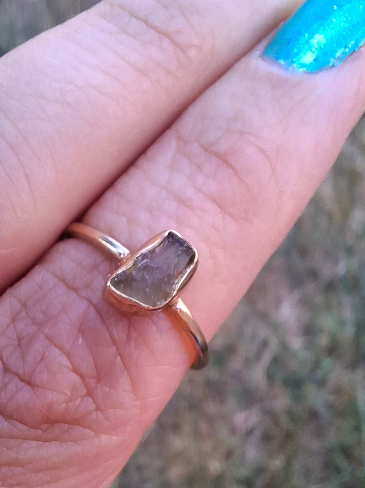 Moldavite Ring, 14K GOLD Plated, size large M, Tektite (Ref: R341)