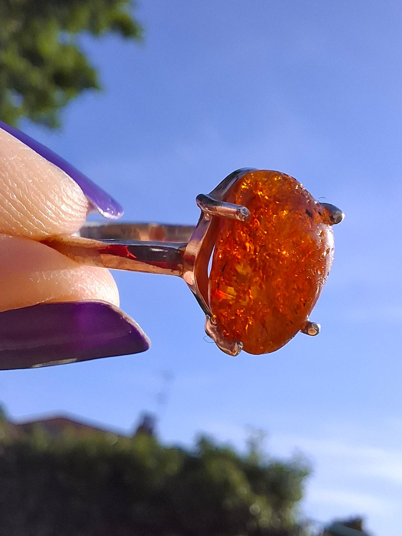 Baltic Amber Ring, size large X, 925 Silver, Fossil (Ref: AR32)