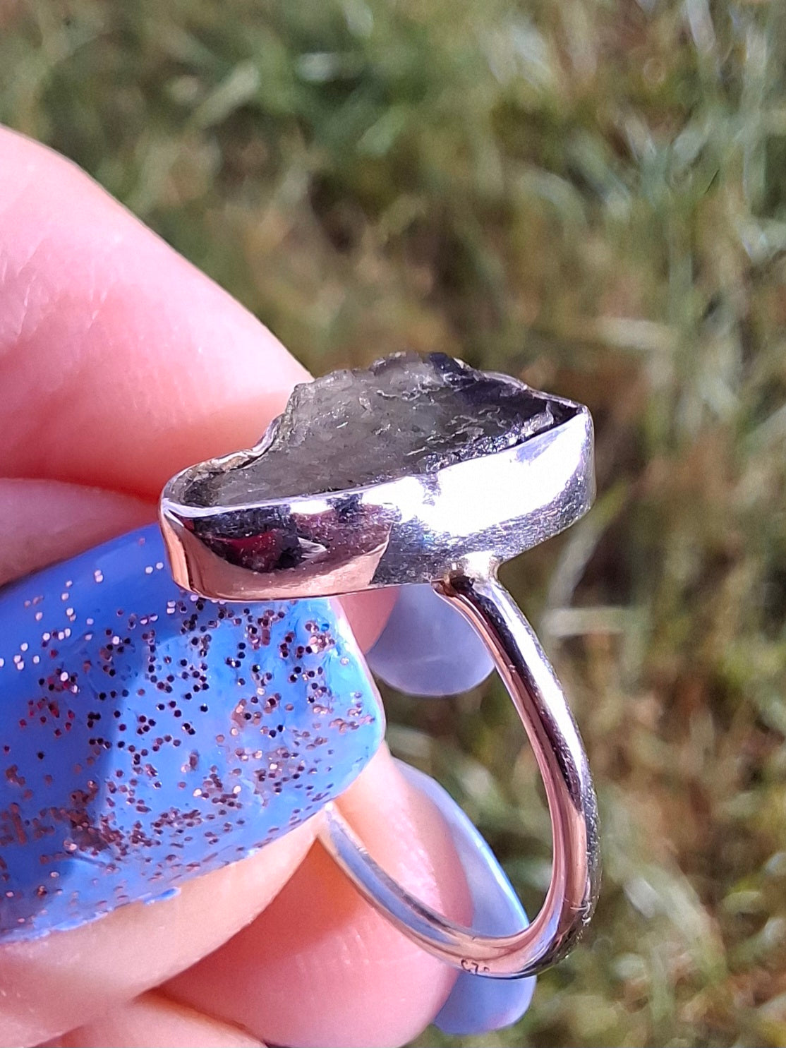 Moldavite Ring, size Large G, 925 Silver, Tektite (Ref: R18)