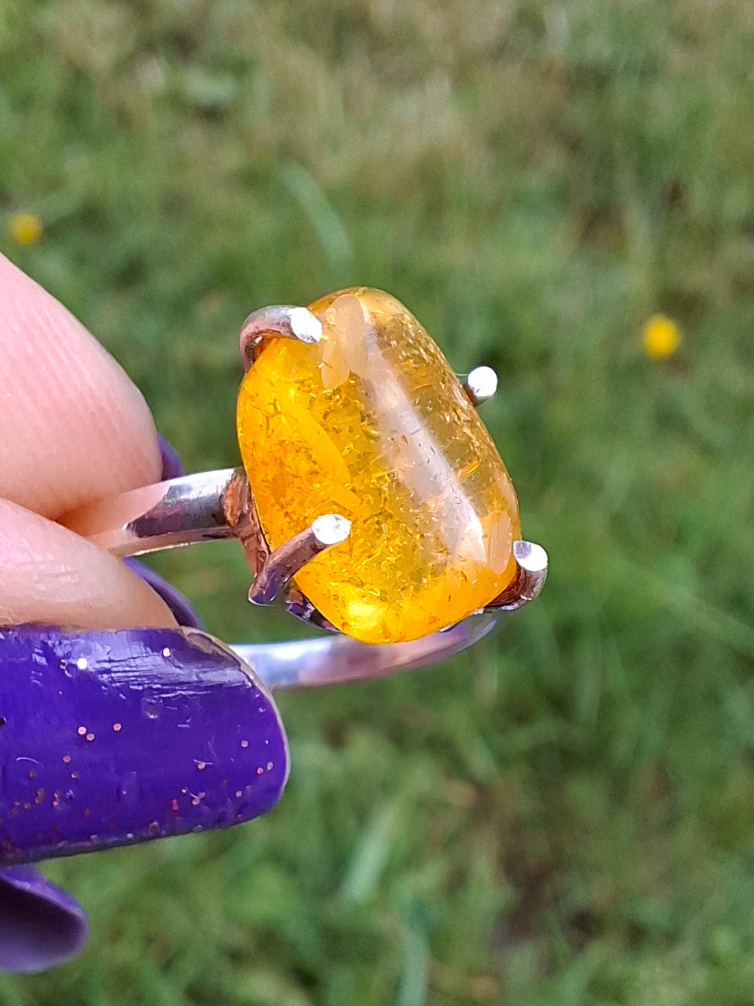 Baltic Amber Ring, size large O, 925 Silver, Fossil (Ref: AR12)