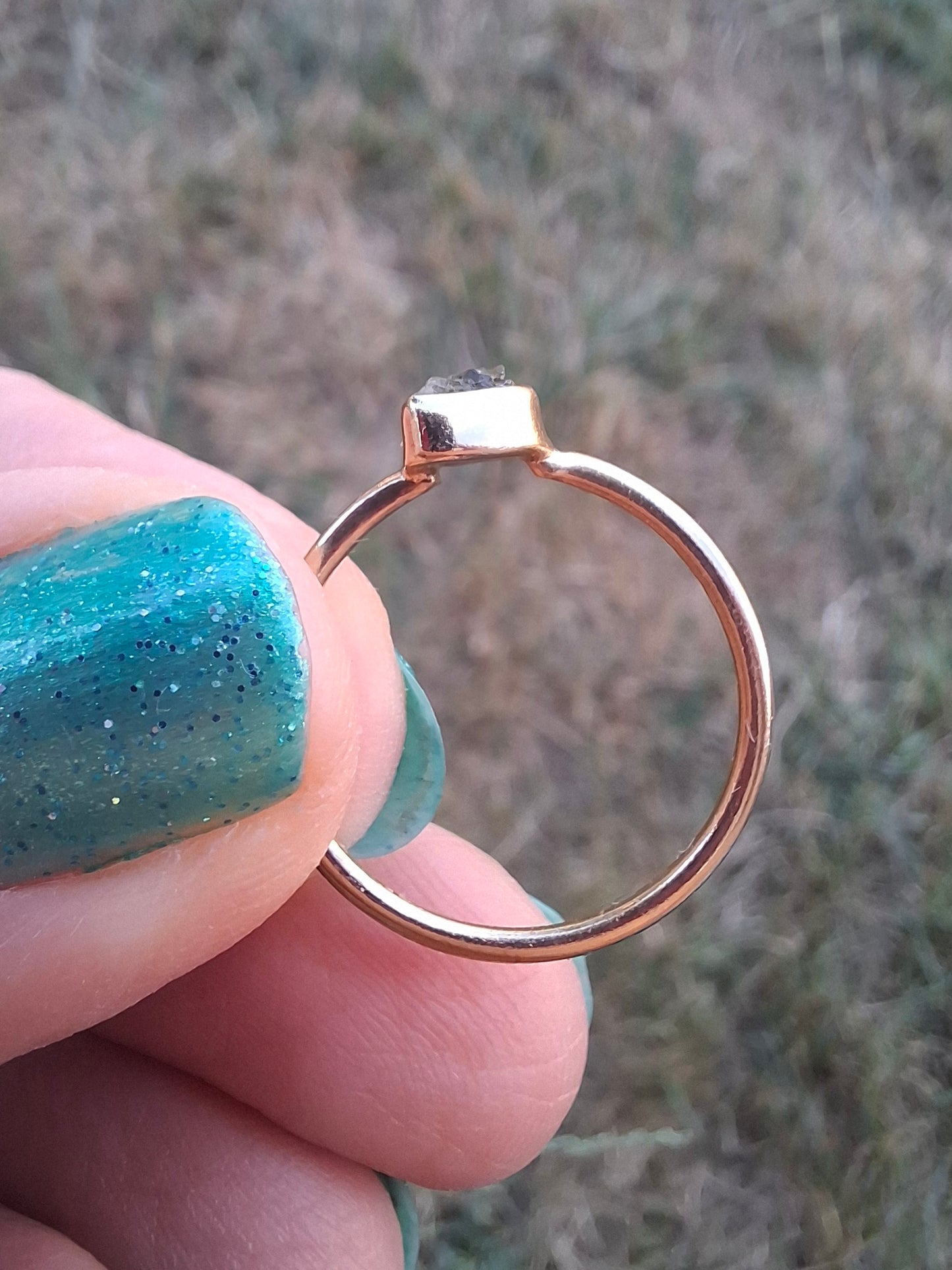 Moldavite Ring, 14K GOLD Plated, size large M, Tektite (Ref: R341)