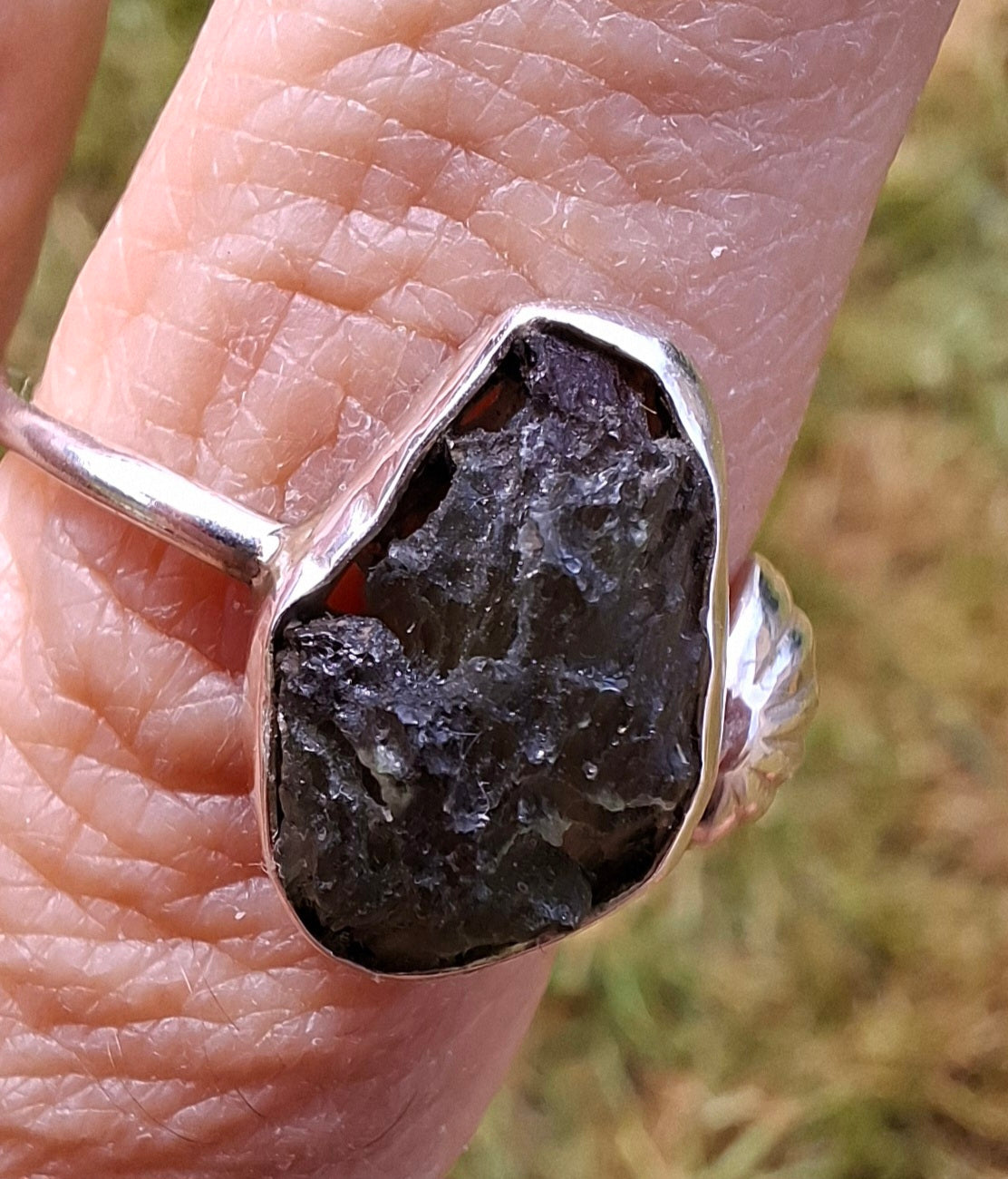 Moldavite ADJUSTABLE Ring, size large R, 925 Silver, Tektite (Ref: AR49)