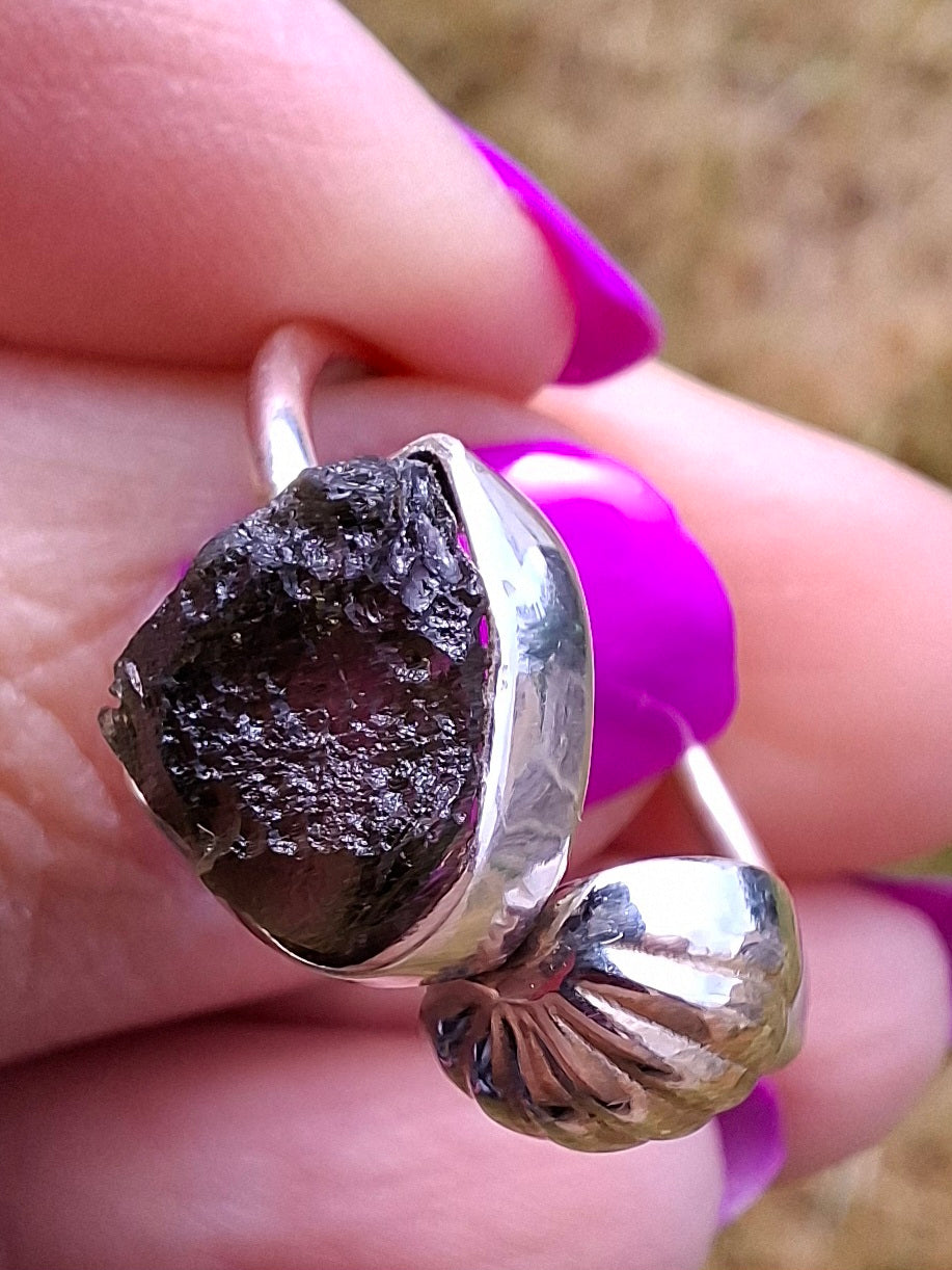 Moldavite ADJUSTABLE Ring, size large V/small W, 925 Silver, Tektite (Ref: AR51)