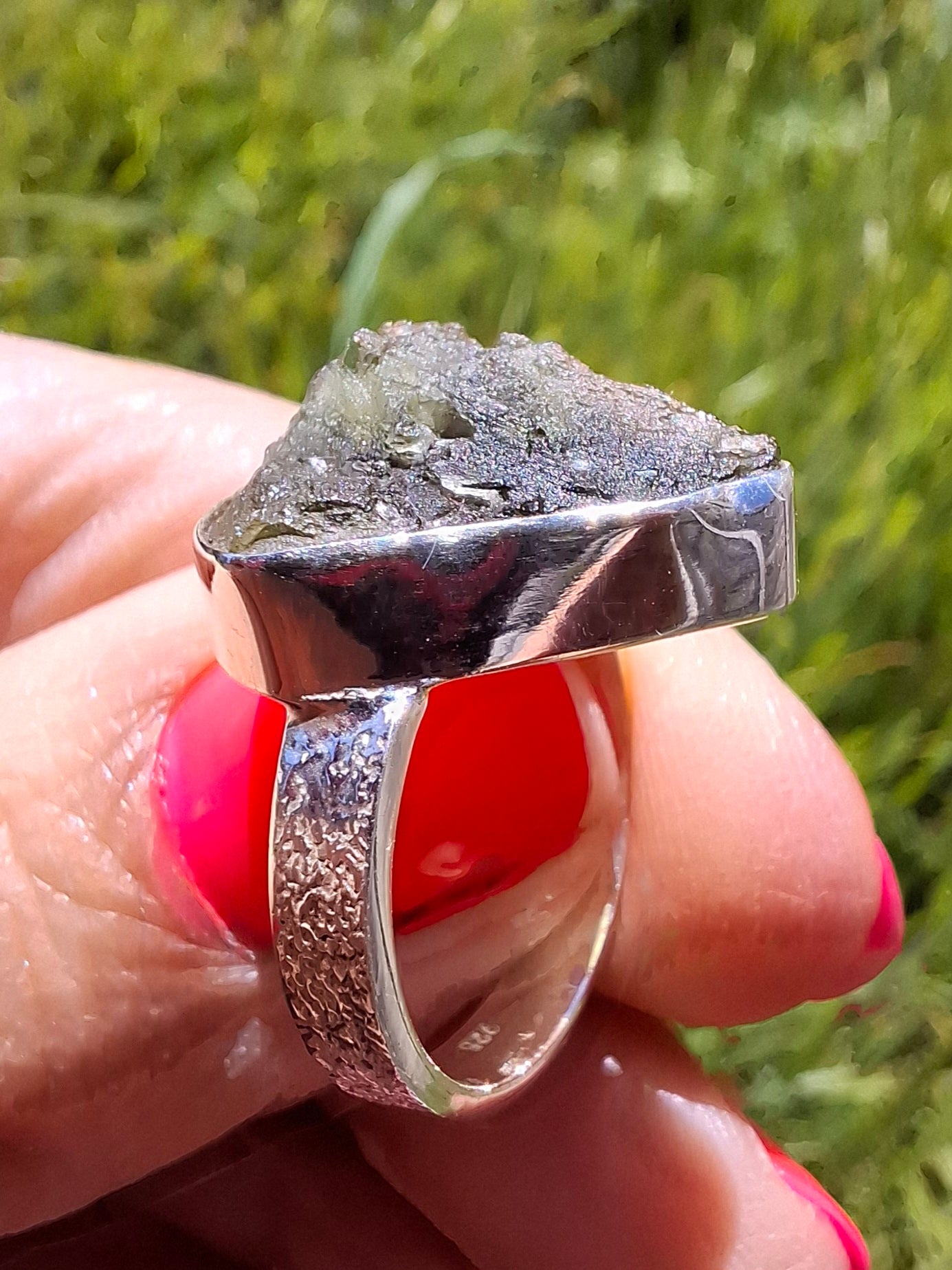 Moldavite Ring, size small K, 925 Silver, Tektite (Ref: R299)
