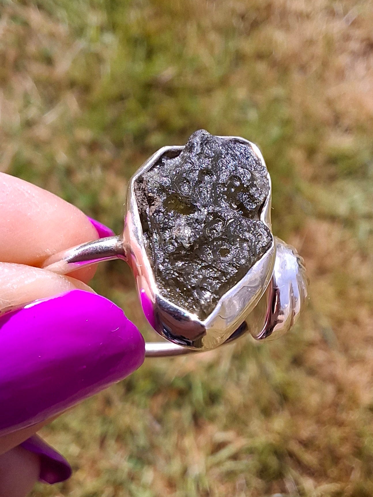 Moldavite ADJUSTABLE Ring, size large O, 925 Silver, Tektite (Ref: AR44)