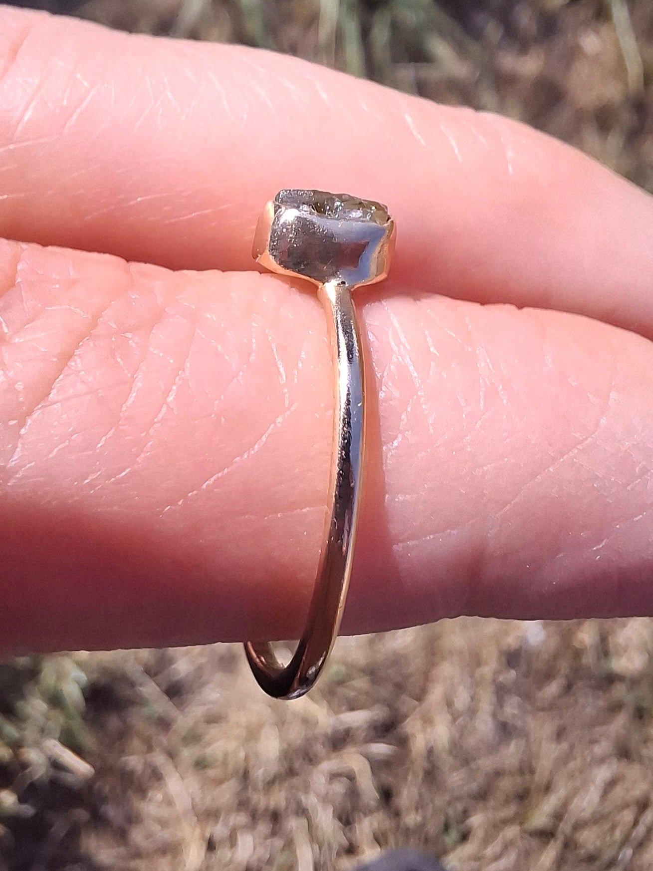 Moldavite Ring, 14K GOLD Plated, size large M, Tektite (Ref: R337)