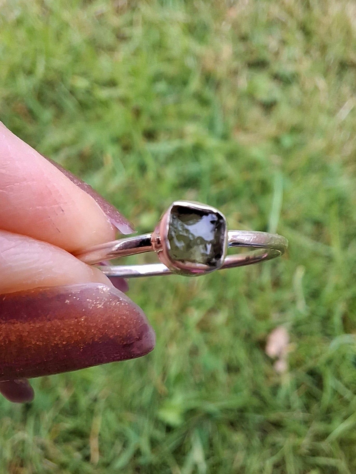 Moldavite Ring, size large L/small M, 925 Silver, Tektite (Ref: R37)