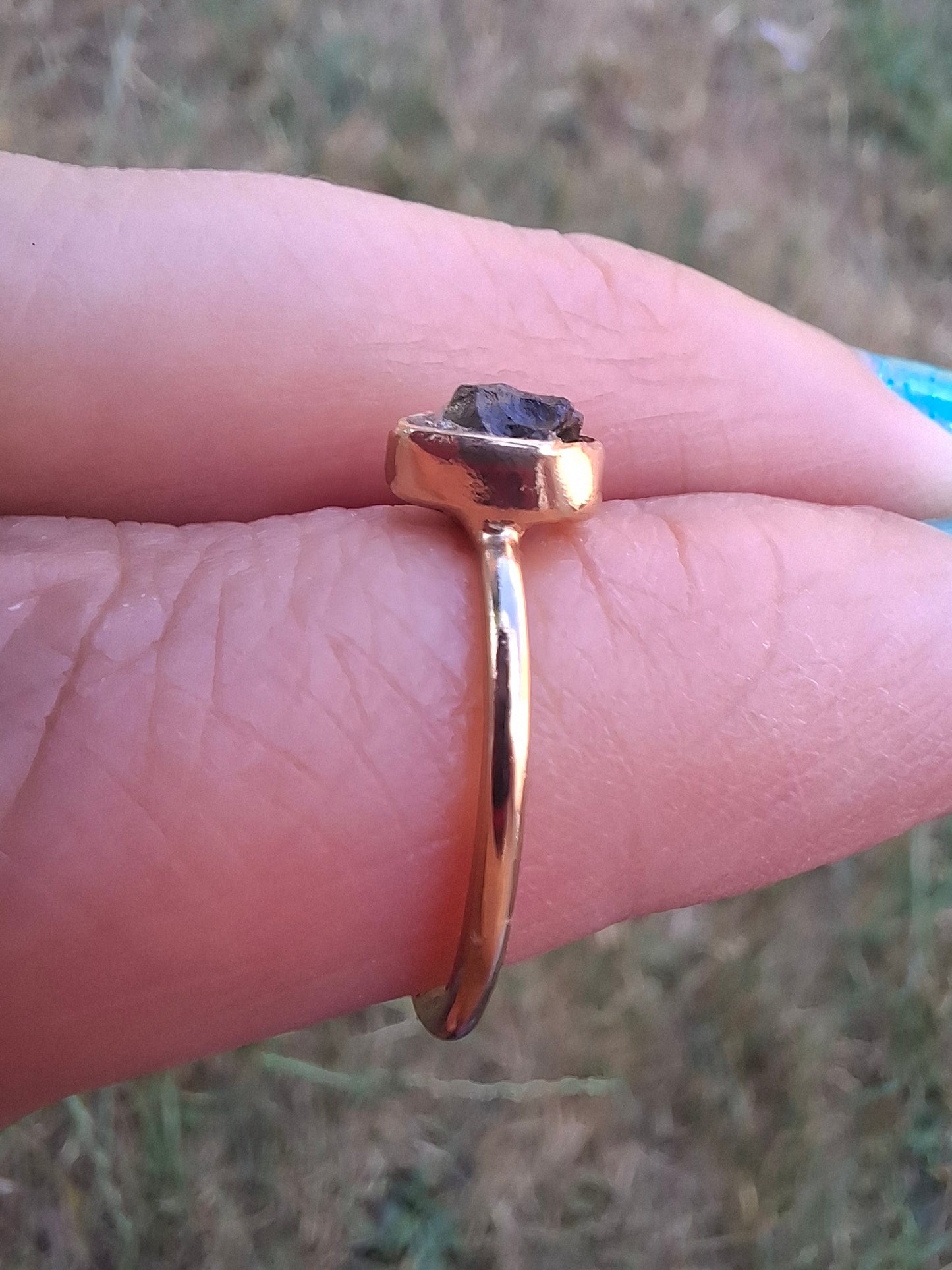 Moldavite Ring, 14K GOLD Plated, size large L, Tektite (Ref: R343)