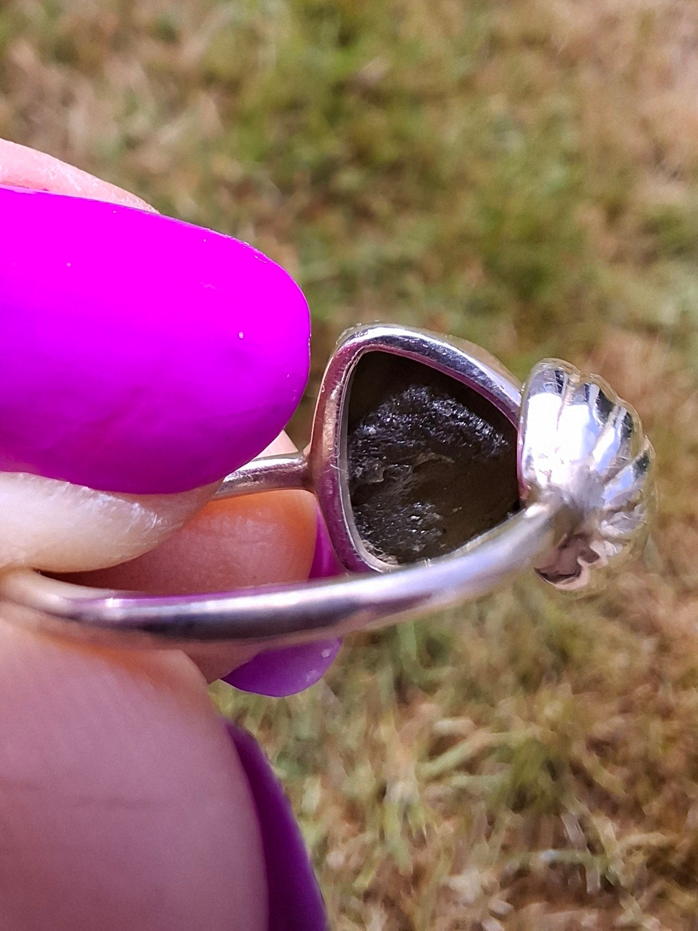 Moldavite ADJUSTABLE Ring, size large N, 925 Silver, Tektite (Ref: AR 39)