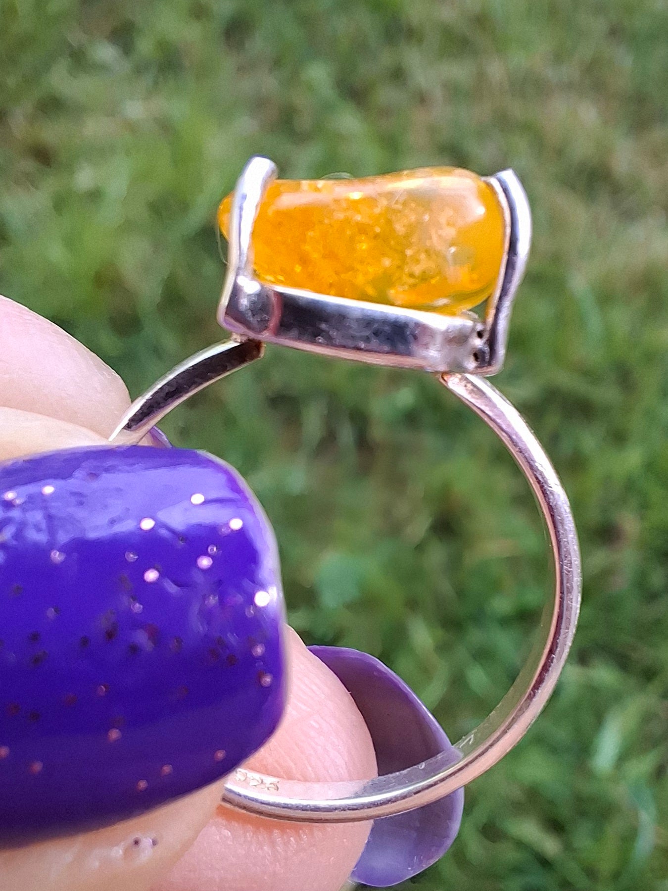 Baltic Amber Ring, size large M, 925 Silver, Fossil (Ref: AR6)