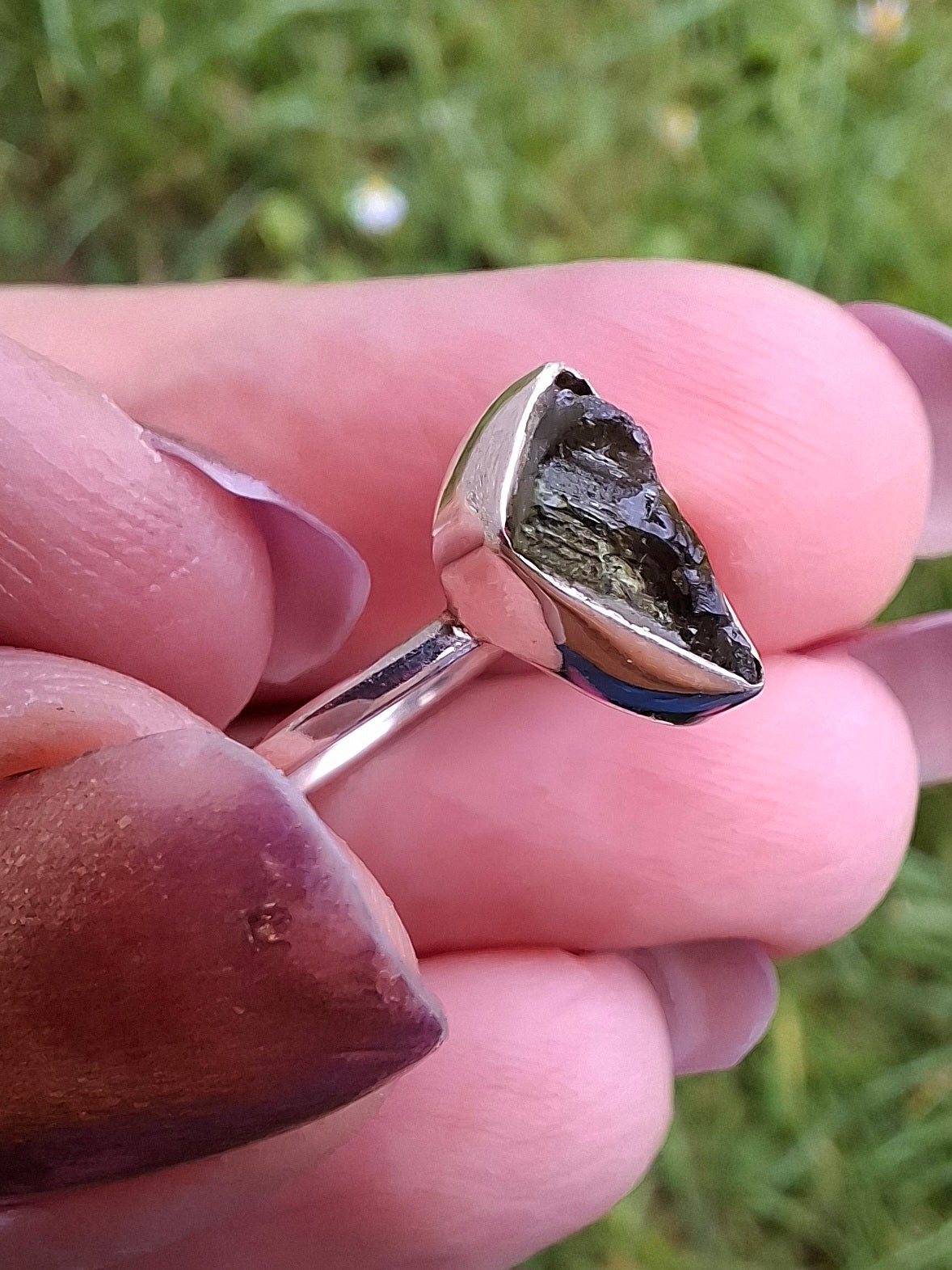 Moldavite Ring, size large K/small L, 925 Silver, Tektite (Ref: R57)