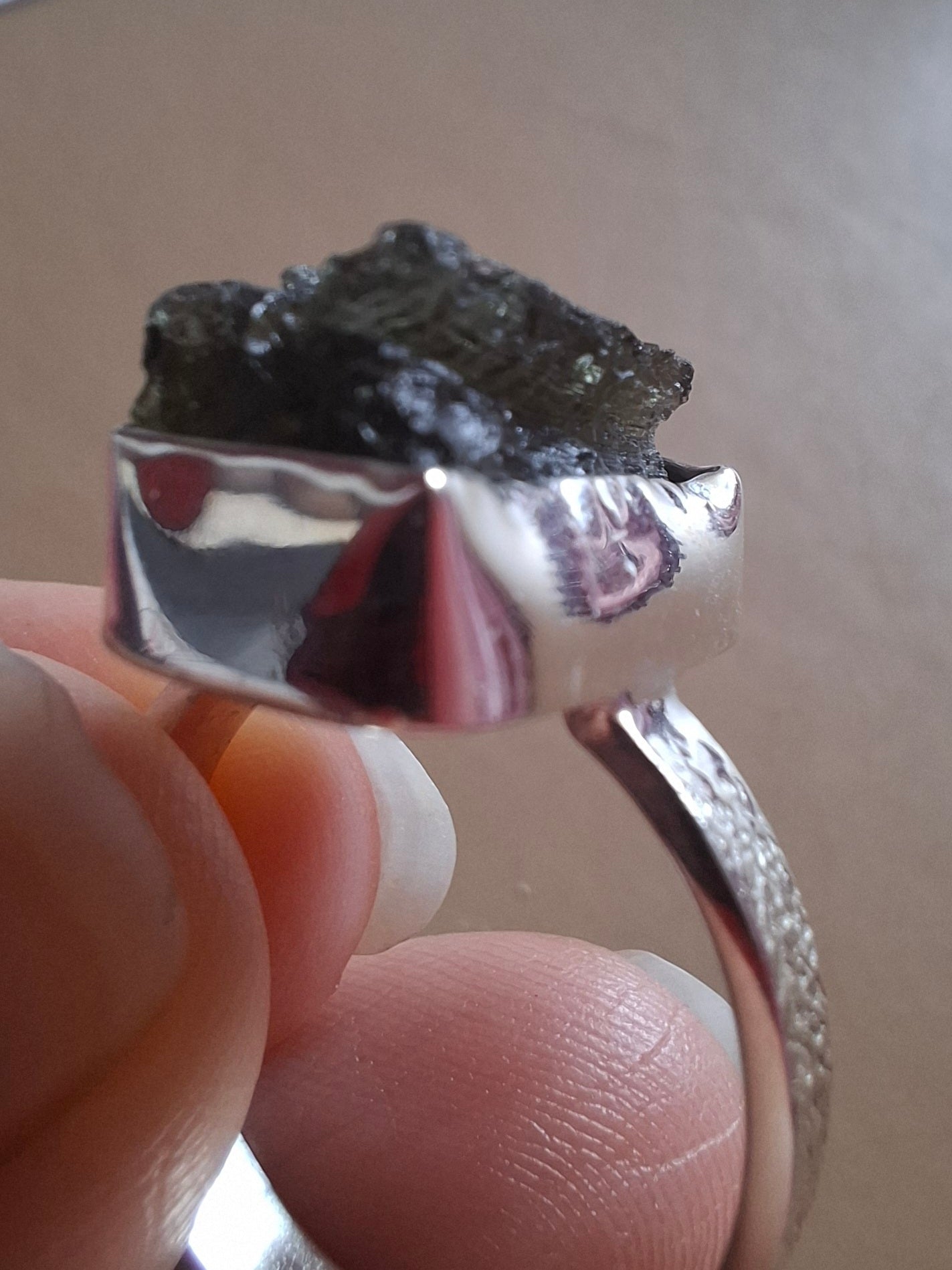 Moldavite Ring, size U, 925 Silver, Tektite (Ref: R324)